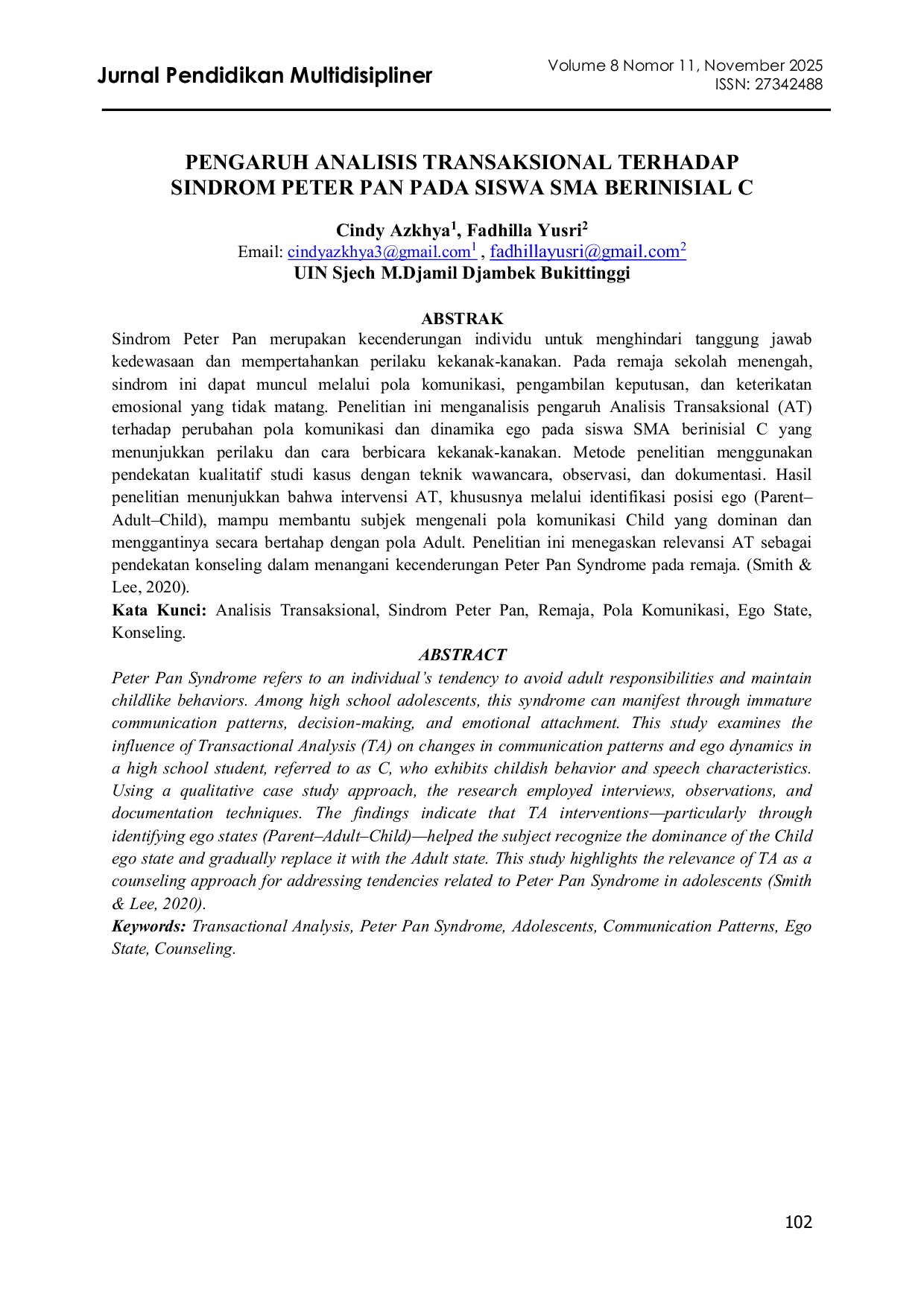 JURIS Pengaruh Analisis Transaksional Terhadap Sindrom Peter Pan Pada Siswa Sma Berinisial C