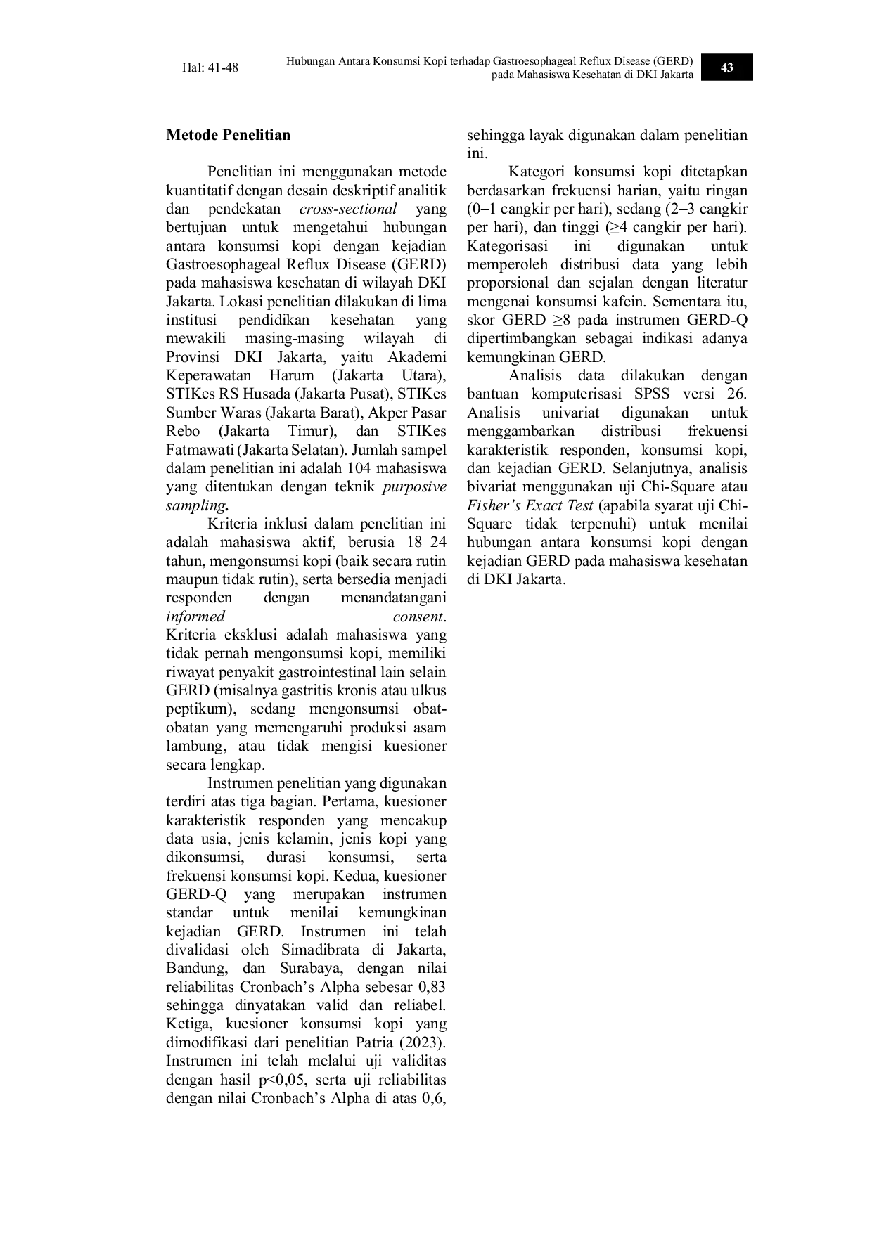 JURIS Hubungan Antara Konsumsi Kopi Terhadap Gastroesophageal Reflux Disease GERD Pada Mahasiswa Kesehatan Di DKI Jakarta