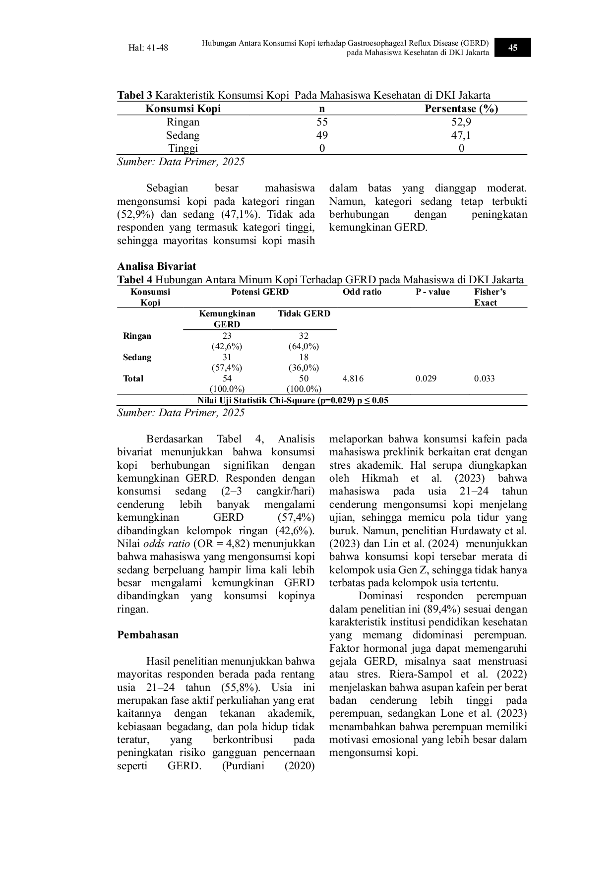JURIS Hubungan Antara Konsumsi Kopi Terhadap Gastroesophageal Reflux Disease GERD Pada Mahasiswa Kesehatan Di DKI Jakarta