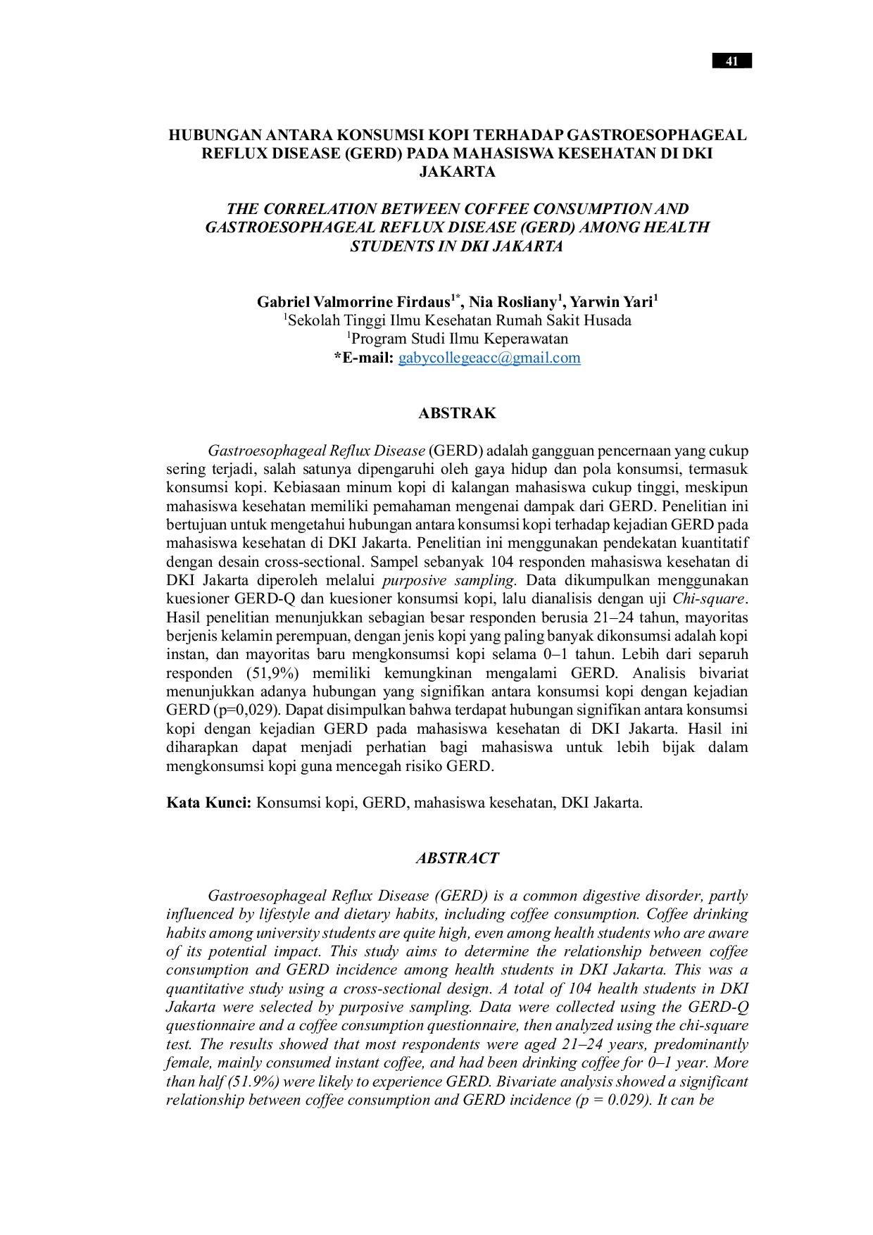 JURIS Hubungan Antara Konsumsi Kopi Terhadap Gastroesophageal Reflux Disease GERD Pada Mahasiswa Kesehatan Di DKI Jakarta