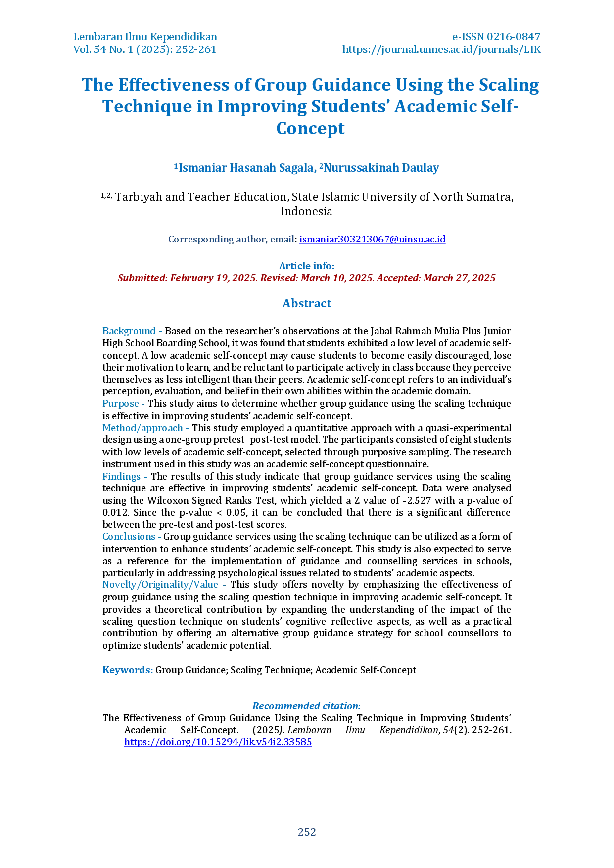 juris The Effectiveness of Group Guidance Using the Scaling Technique in Improving Students Academic Self Concept