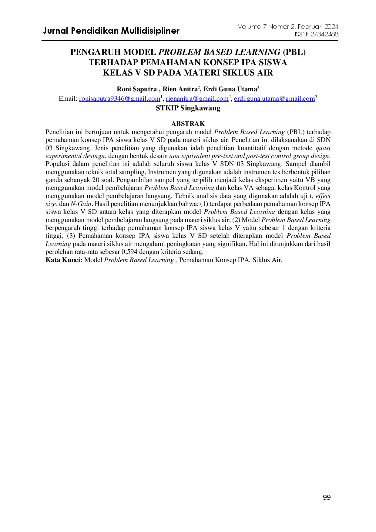 juris Pengaruh Model Problem Based Learning PBL Terhadap Pemahaman Konsep IPA Siswa Kelas V SD Pada Materi Siklus Air