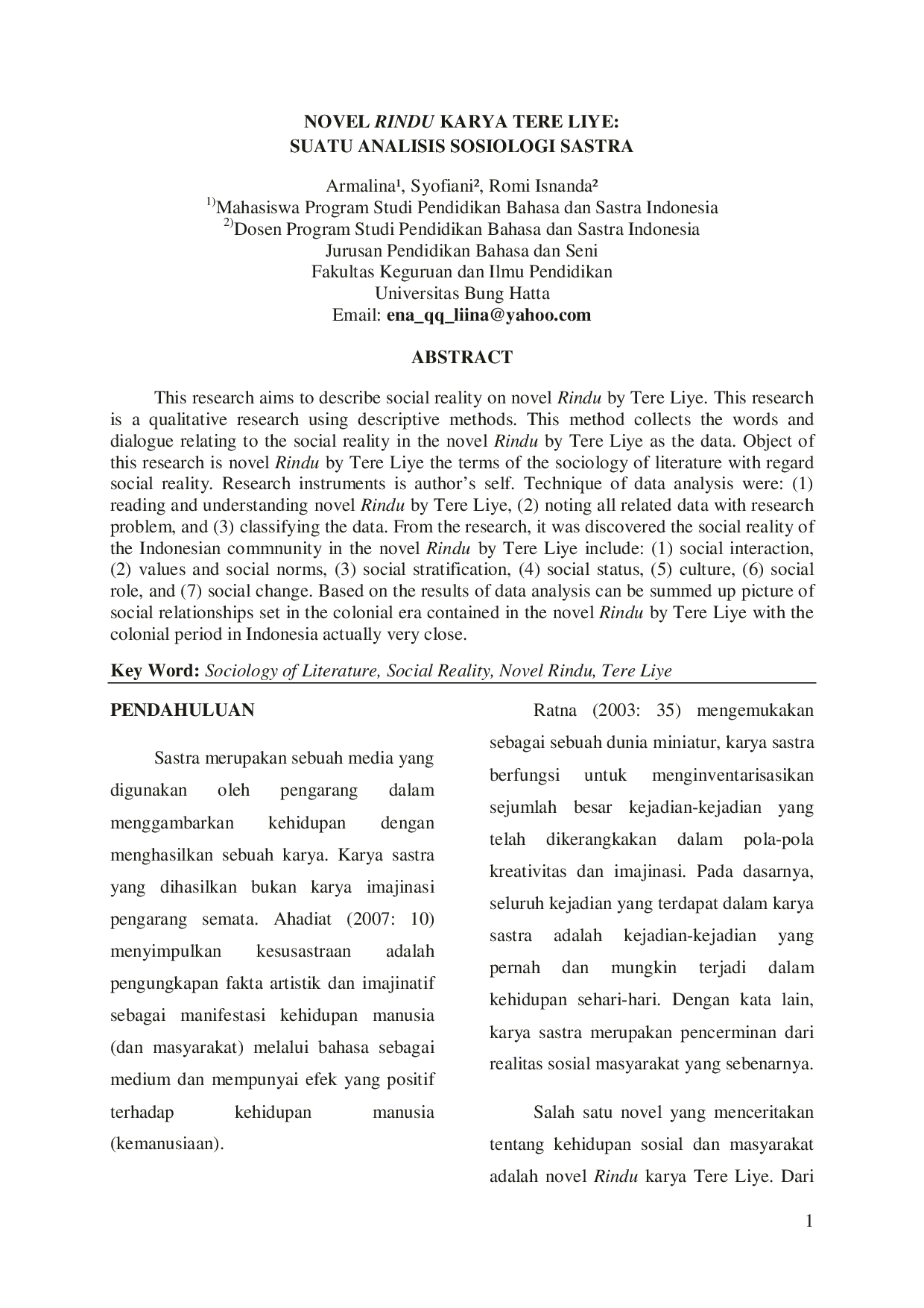JURIS Novel Rindu Karya Tere Liye Suatu Analisis Sosiologi Sastra