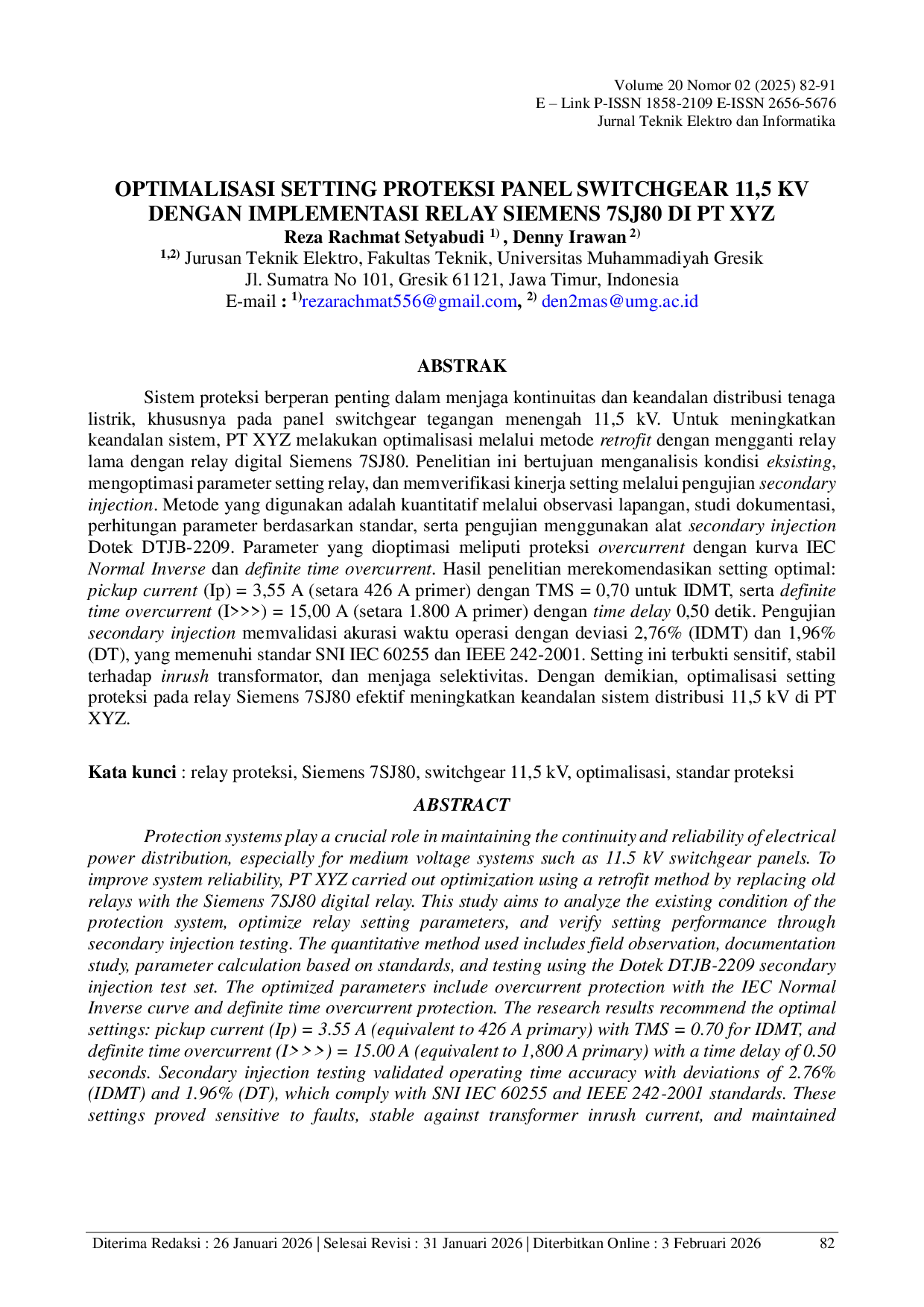 JURIS OPTIMALISASI SETTING PROTEKSI PANEL SWITCHGEAR 11 5 KV DENGAN IMPLEMENTASI RELAY SIEMENS 7SJ80 DI PT XYZ