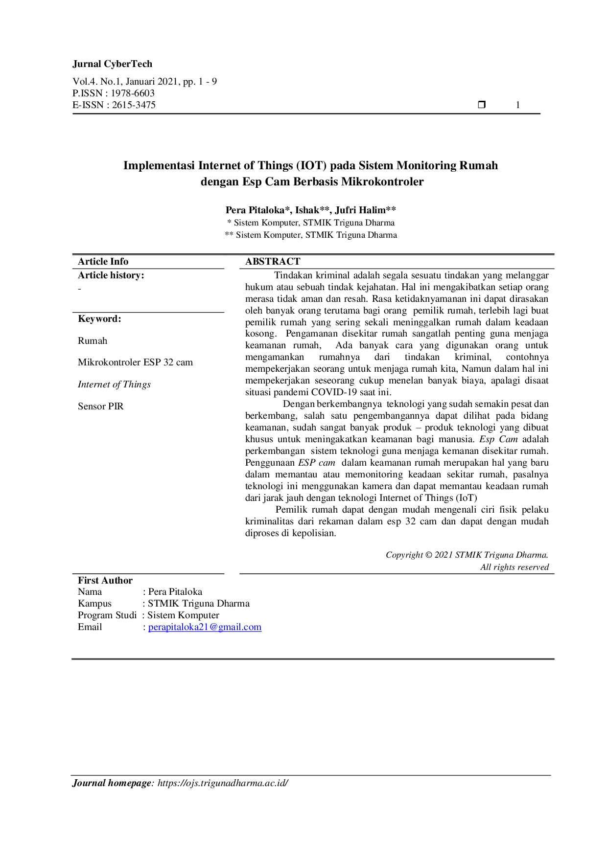 JURIS Implementasi Internet of Things IOT pada Sistem Monitoring Rumah dengan Esp Cam Berbasis Mikrokontroler