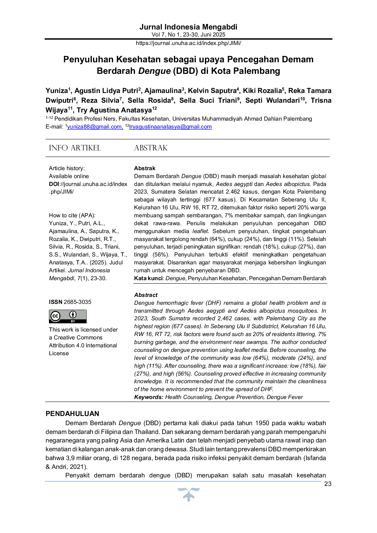 JURIS Penyuluhan Kesehatan sebagai upaya Pencegahan Demam Berdarah Dengue DBD di Kota Palembang