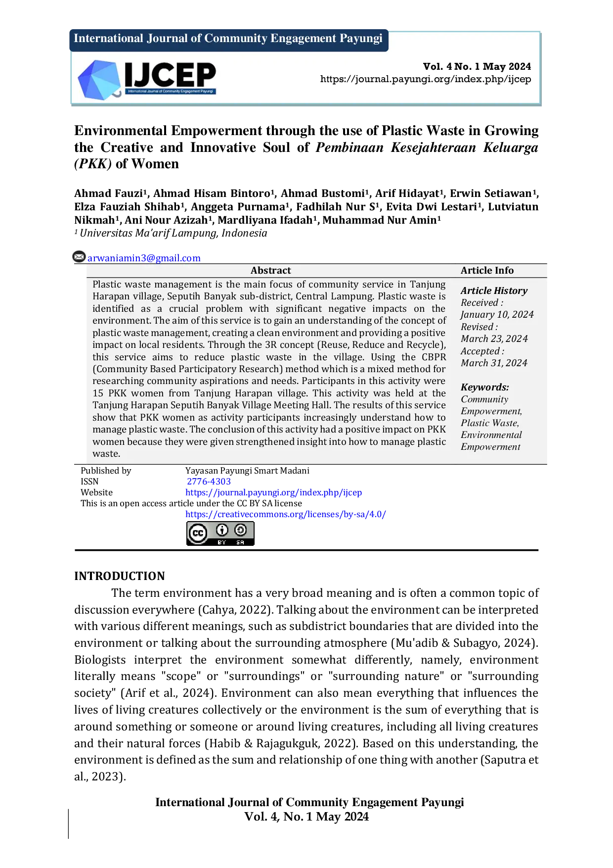 JURIS Environmental Empowerment through the use of Plastic Waste in Growing the Creative and Innovative Soul of Pembinaan Kesejahteraan Keluarga PKK of Women