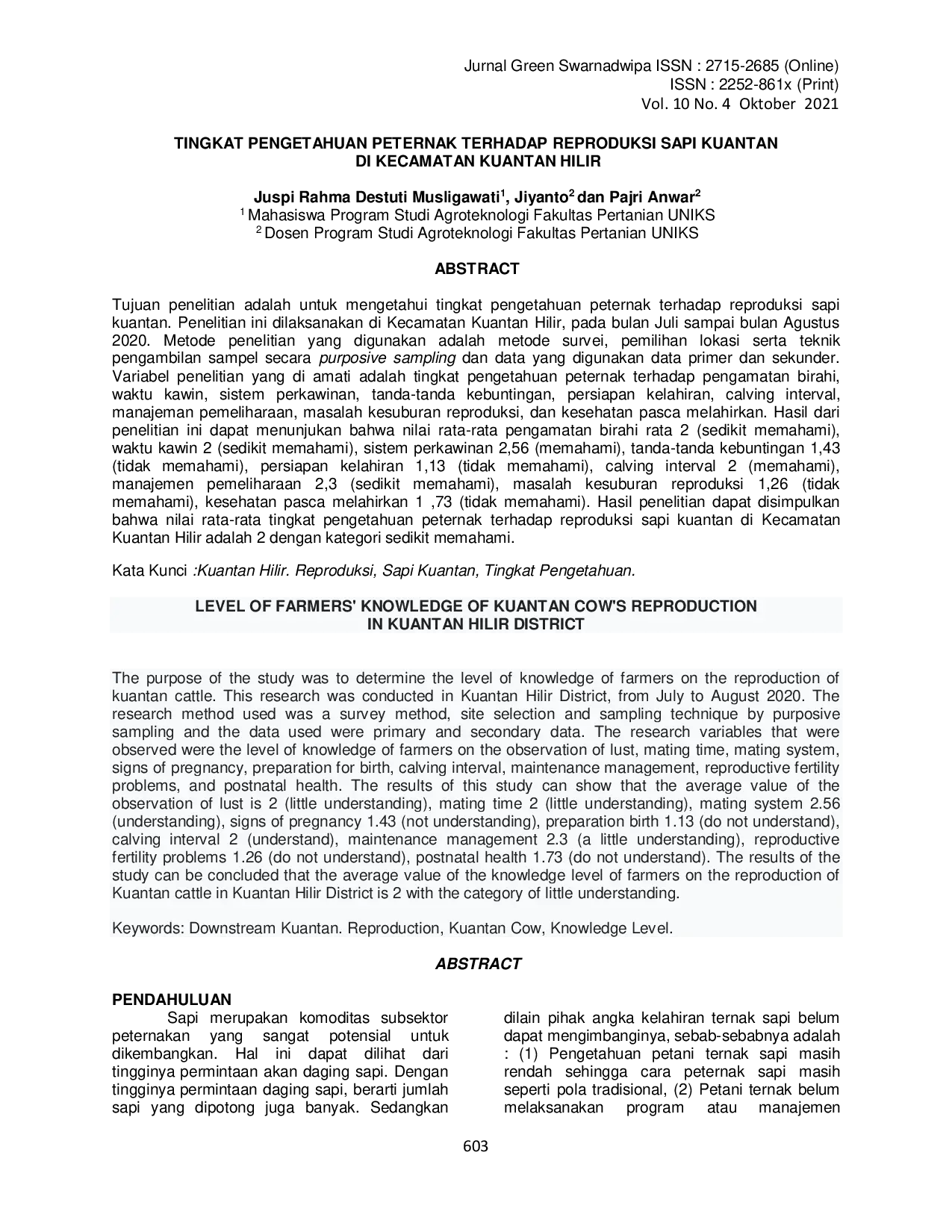 juris Tingkat Pengetahuan Peternak Terhadap Reproduksi Sapi Kuantan Di Kecamatan Kuantan Hilir
