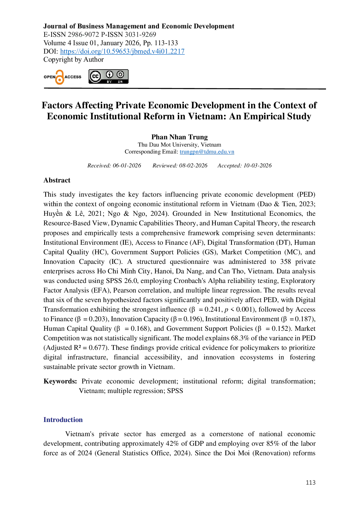 JURIS Factors Affecting Private Economic Development in the Context of Economic Institutional Reform in Vietnam An Empirical Study