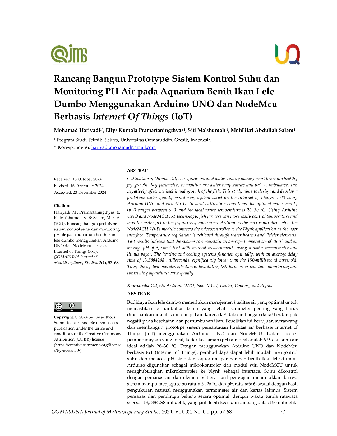 JURIS Rancang Bangun Prototype Sistem Kontrol Suhu dan Monitoring PH Air Pada Aquarium Benih Ikan Lele Dumbo Menggunakan Arduino UNO dan NodeMcu Berbasis IoT Internet Of Things