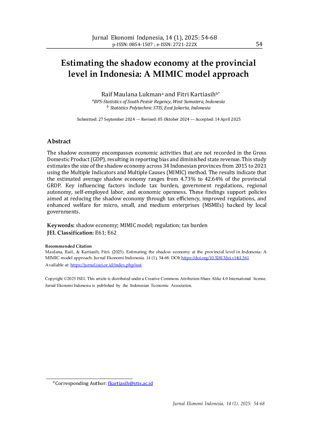 JURIS Estimating The Shadow Economy At The Provincial Level In Indonesia A Mimic Model Approach