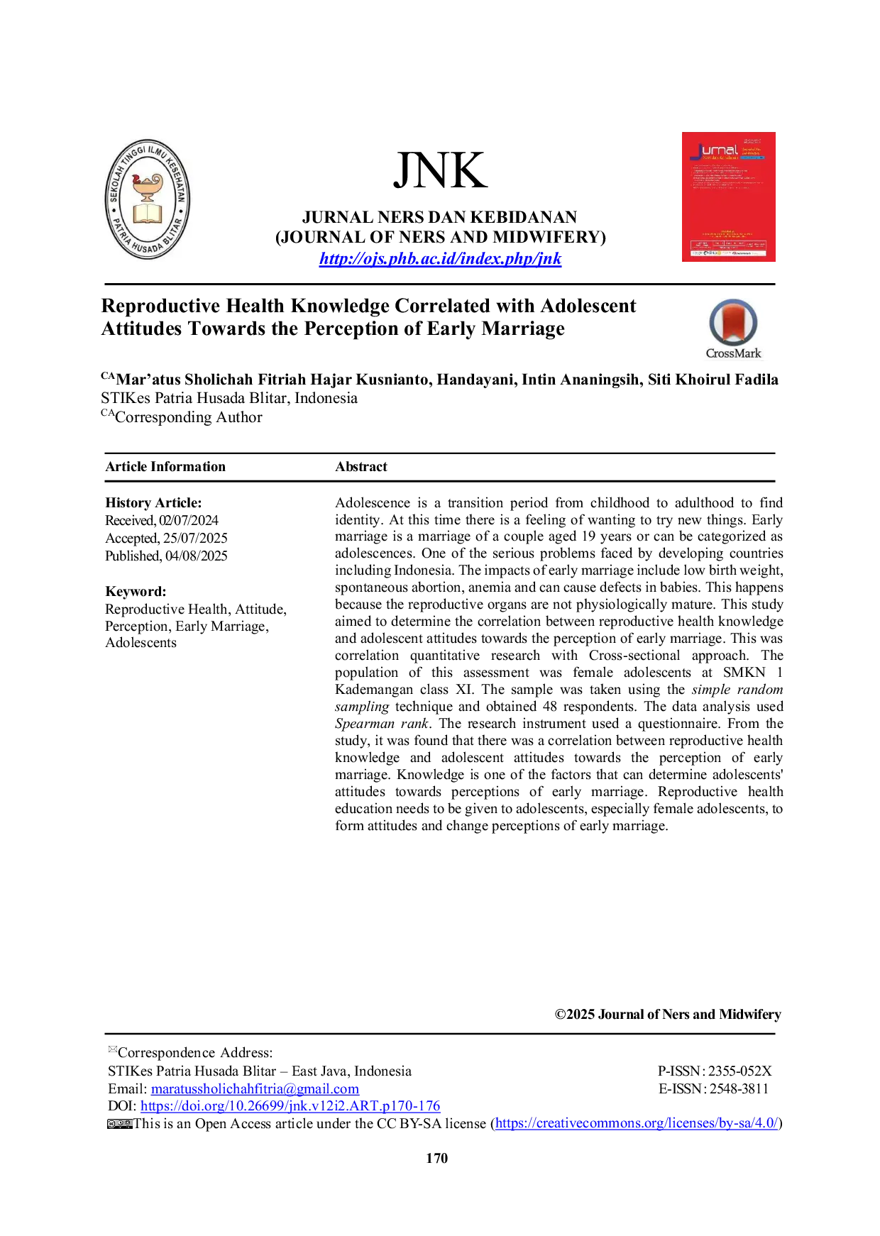 JURIS Reproductive Health Knowledge Correlated with Adolescent Attitudes Towards the Perception of Early Marriage