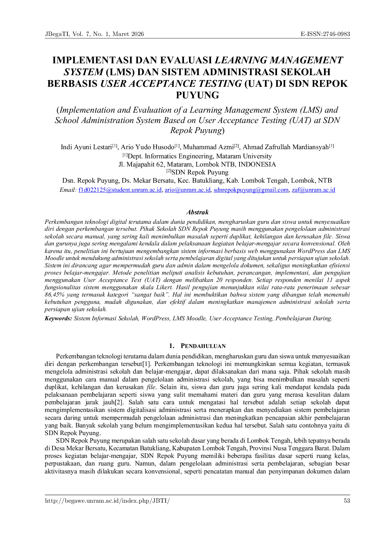 JURIS Implementation and Evaluation of a Learning Management System LMS and School Administration System Based on User Acceptance Testing UAT at SDN Repok Puyung
