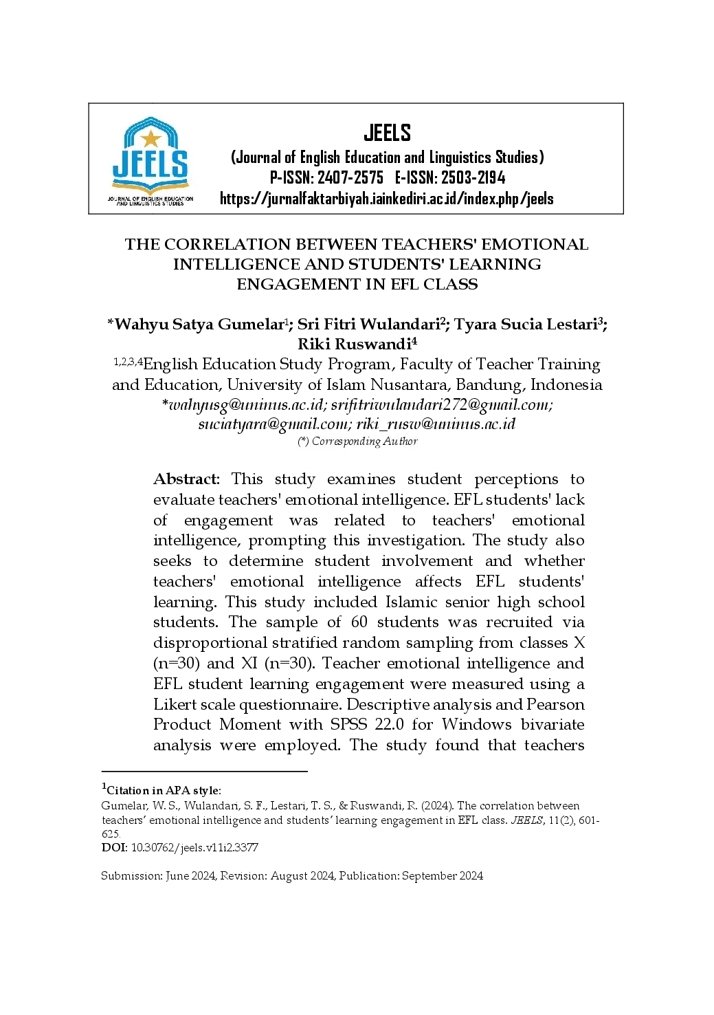 juris The Correlation Between Teachers Emotional Intelligence and Students Learning Engagement in EFL Class