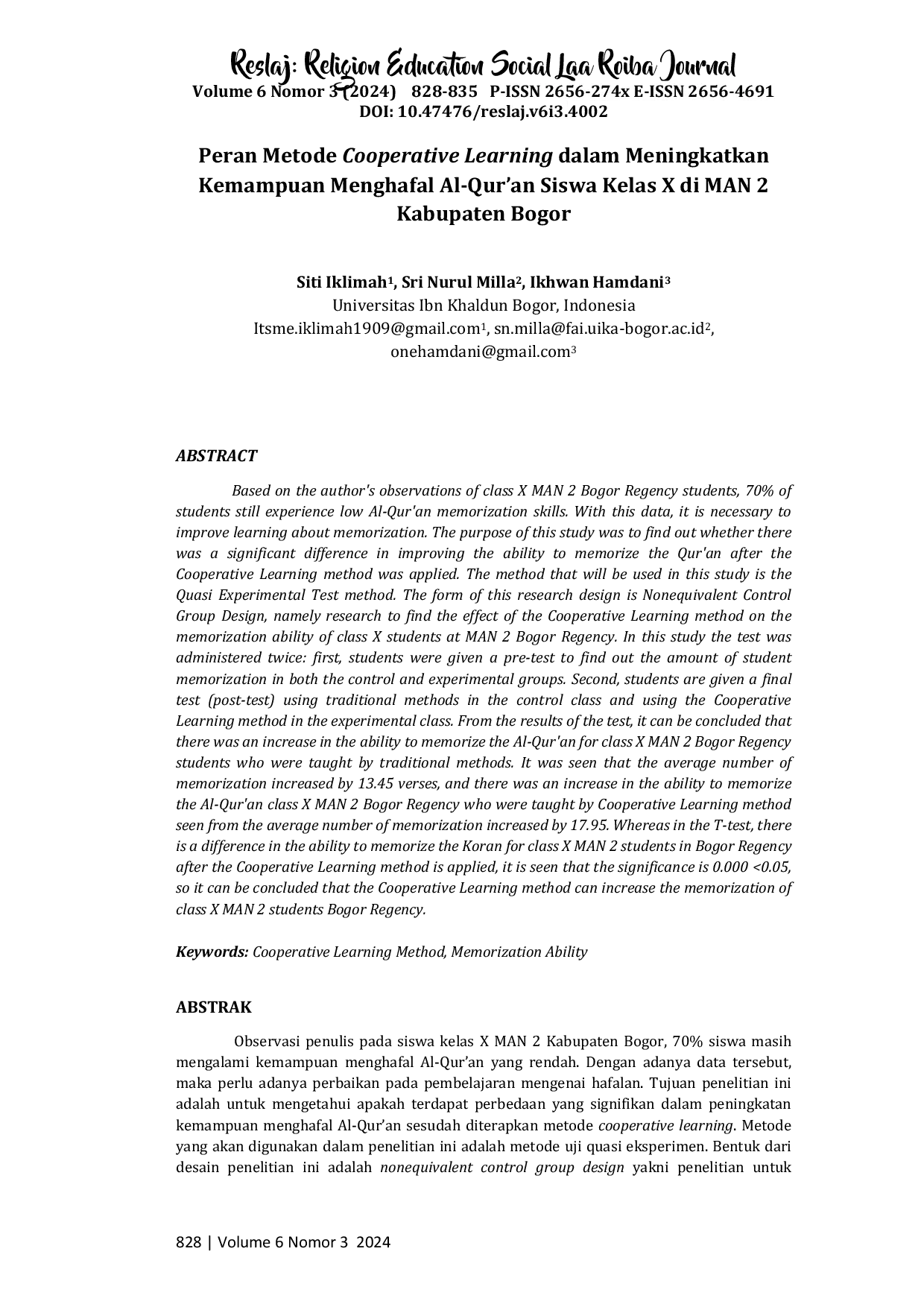 JURIS Peran Metode Cooperative Learning Dalam Meningkatkan Kemampuan Menghafal Al Qur an Siswa Kelas X di MAN 2 Kabupaten Bogor
