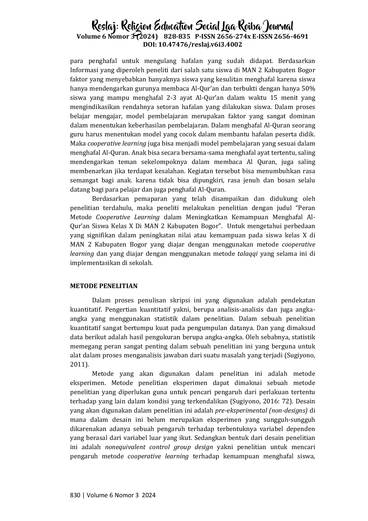 JURIS Peran Metode Cooperative Learning Dalam Meningkatkan Kemampuan Menghafal Al Qur an Siswa Kelas X di MAN 2 Kabupaten Bogor