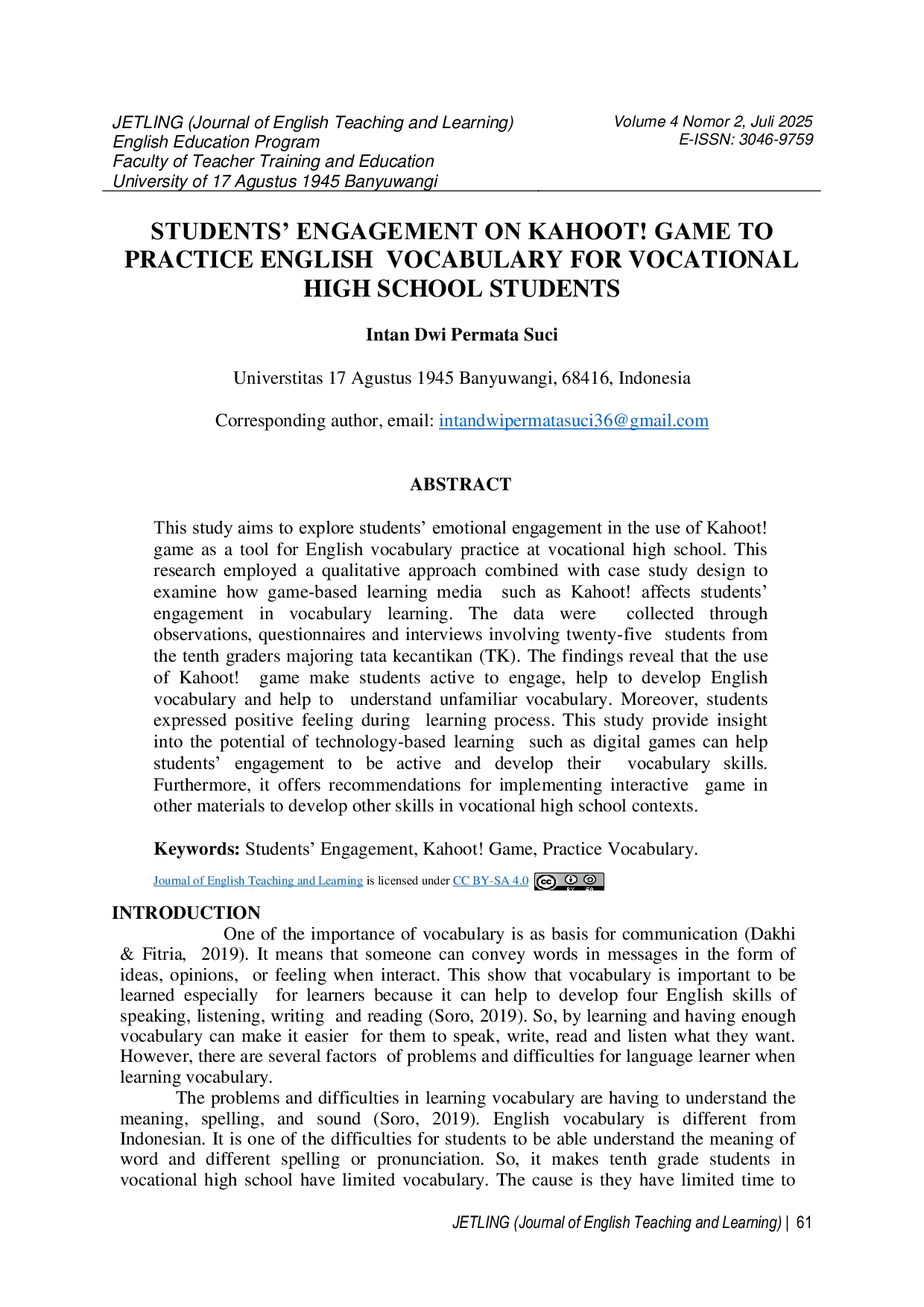 JURIS Students Engagement On Kahoot Game To Practice English Vocabulary For Vocational High School Students