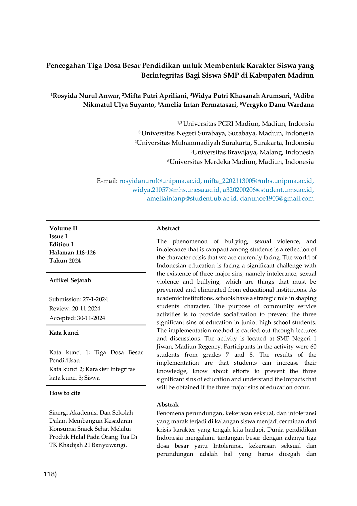JURIS Pencegahan Tiga Dosa Besar Pendidikan untuk Membentuk Karakter Siswa yang Berintegritas Bagi Siswa SMP di Kabupaten Madiun