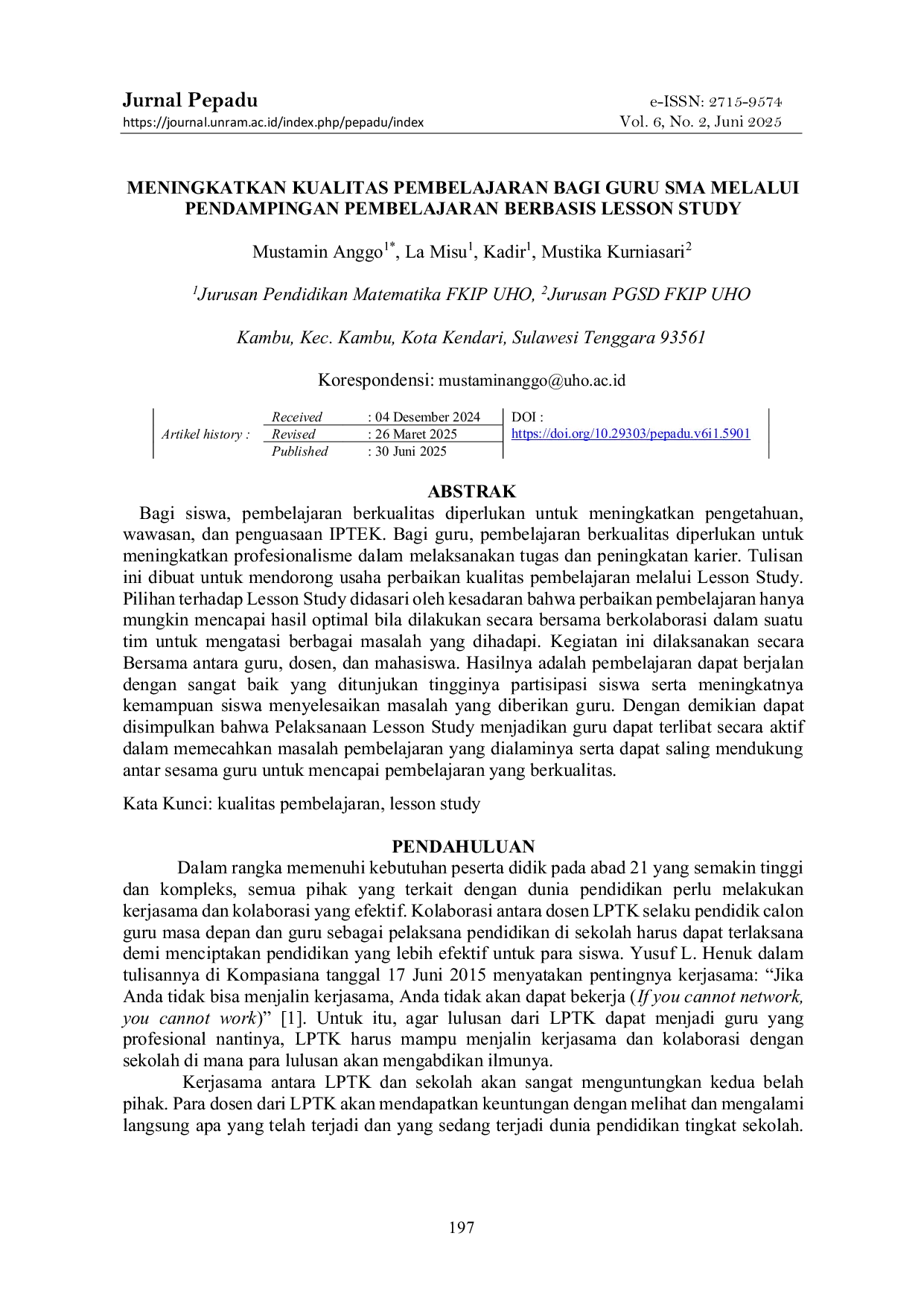 JURIS Meningkatkan Kualitas Pembelajaran Bagi Guru SMA Melalui Pendampingan Pembelajaran Berbasis Lesson Study