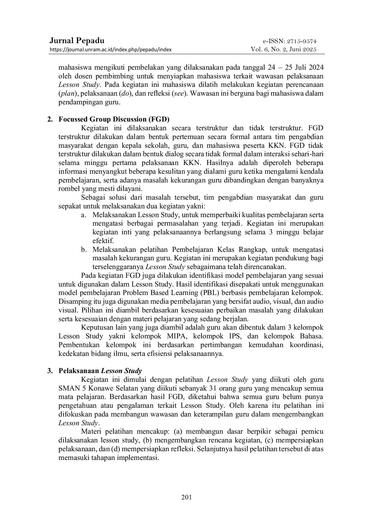 JURIS Meningkatkan Kualitas Pembelajaran Bagi Guru SMA Melalui Pendampingan Pembelajaran Berbasis Lesson Study