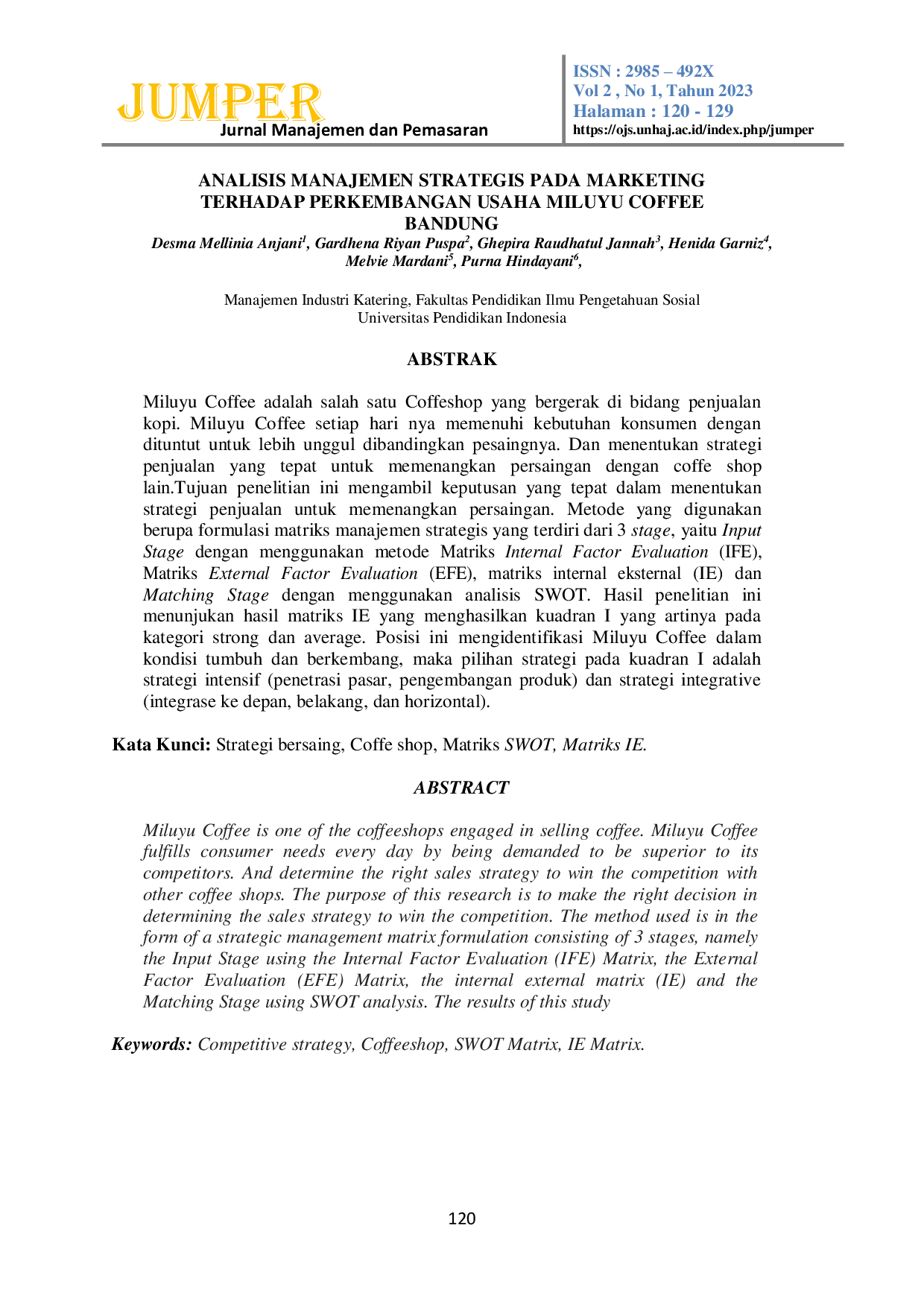 JURIS Analisis Manajemen Strategis Pada Marketing Terhadap Pengembangan Usaha Miluyu Coffee Bandung