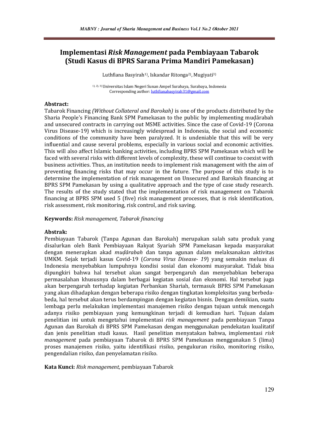 JURIS Implementasi Risk Management Pada Pembiayaan Tabarok Studi Kasus di BPRS SPM Pamekasan