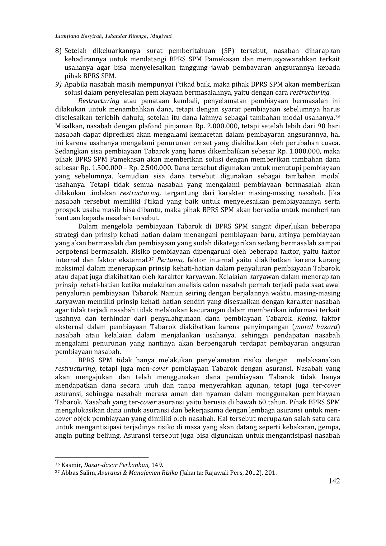 JURIS Implementasi Risk Management Pada Pembiayaan Tabarok Studi Kasus di BPRS SPM Pamekasan