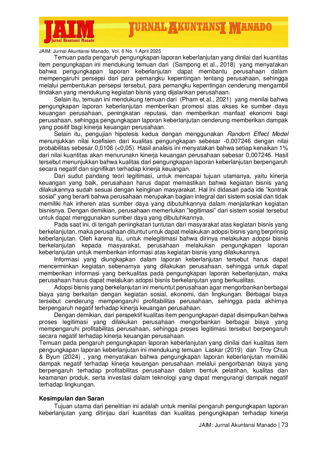 JURIS Pengaruh Pengungkapan Laporan Keberlanjutan Terhadap Kinerja Keuangan Perusahaan