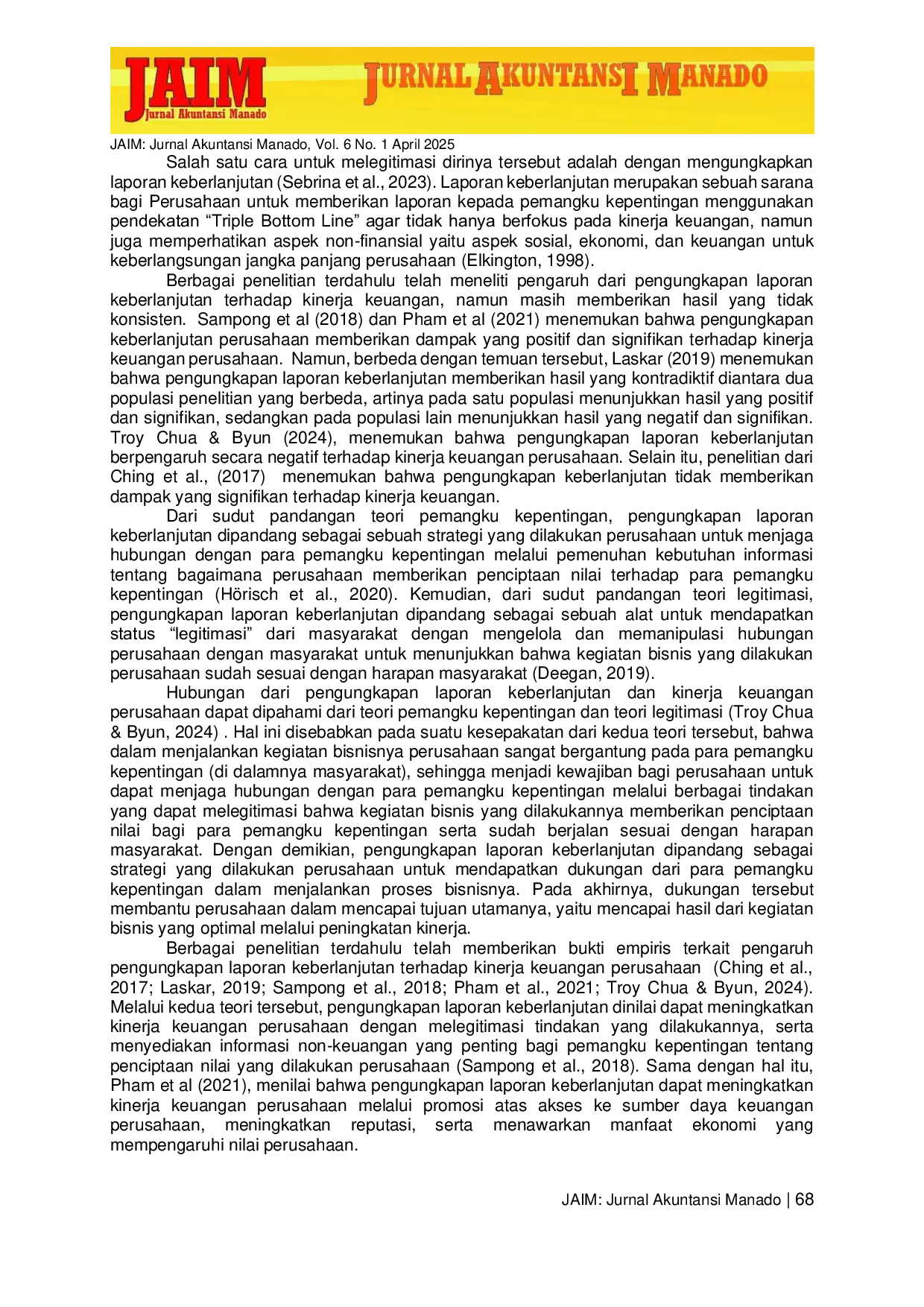 JURIS Pengaruh Pengungkapan Laporan Keberlanjutan Terhadap Kinerja Keuangan Perusahaan