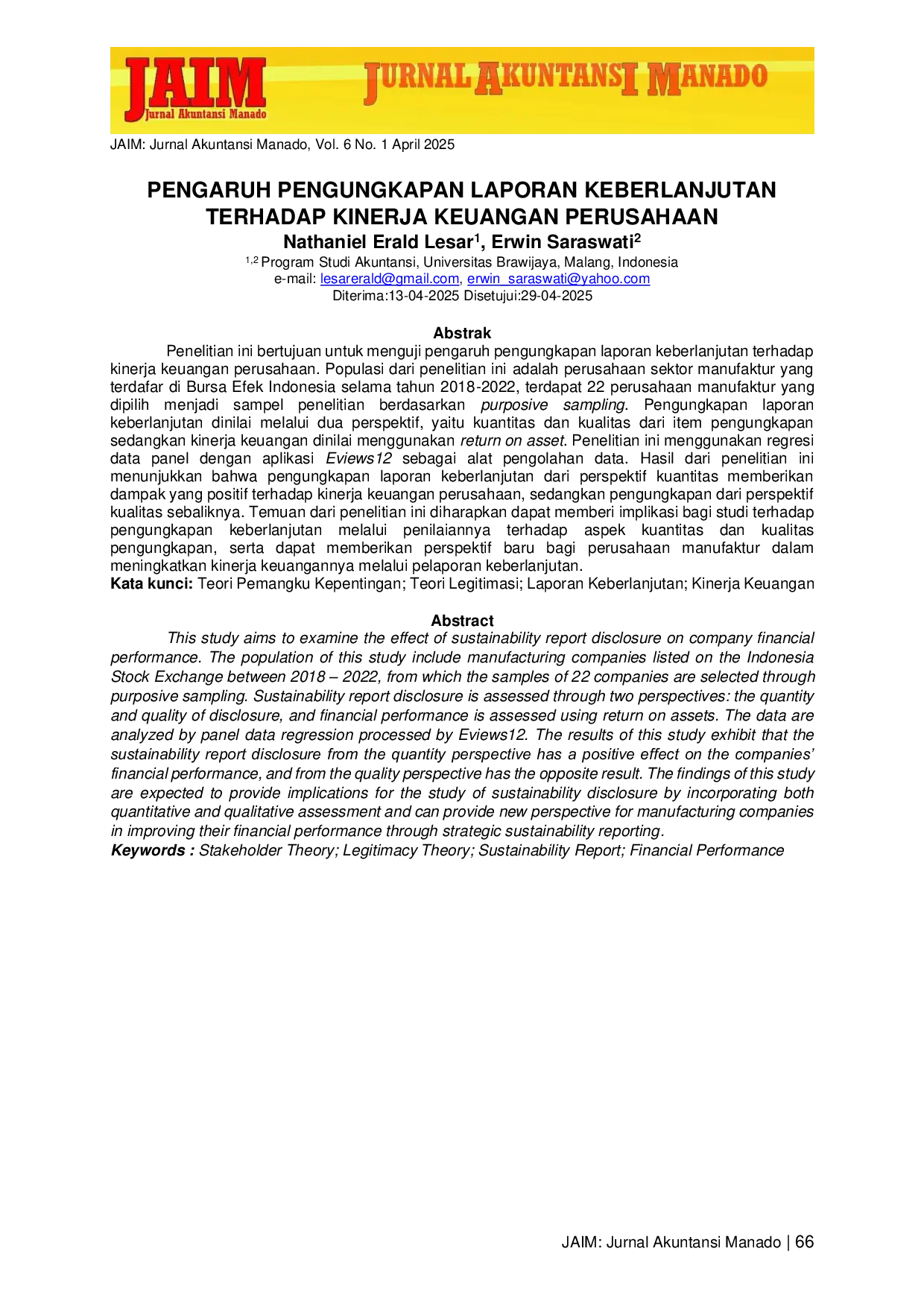 JURIS Pengaruh Pengungkapan Laporan Keberlanjutan Terhadap Kinerja Keuangan Perusahaan