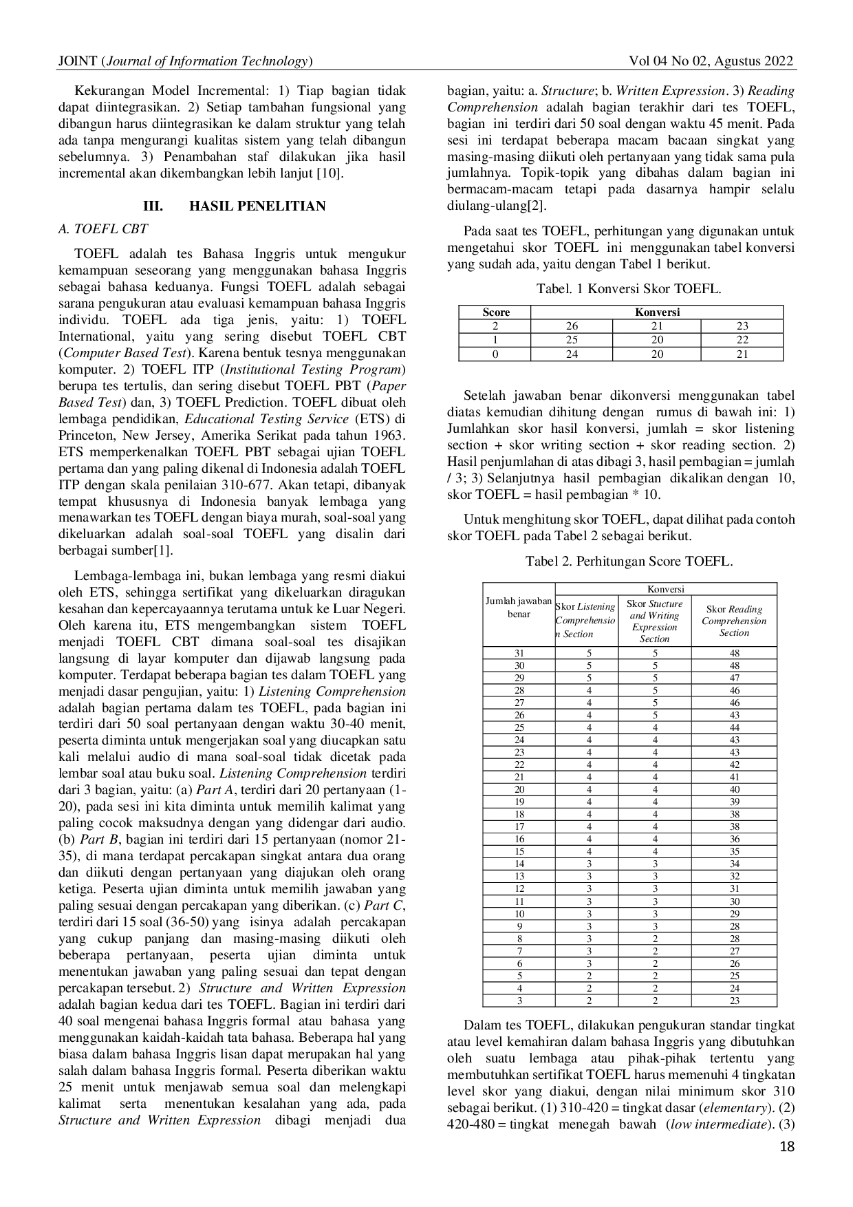 JURIS Simulasi Ujian Persiapan TOEFL Berbasis Web Dengan Menggunakan Metode Incremental Process Model