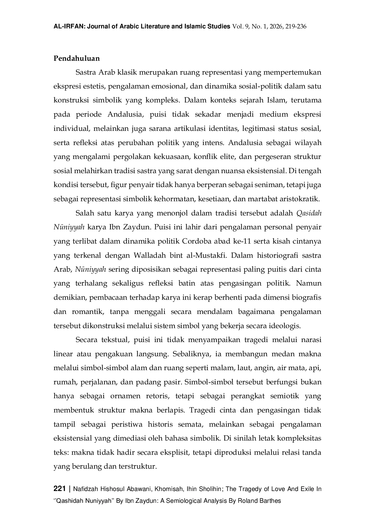JURIS The Tragedy Of Love And Exile In Qashidah Nuniyyah By Ibn Zaydun A Semiological Analysis By Roland Barthes