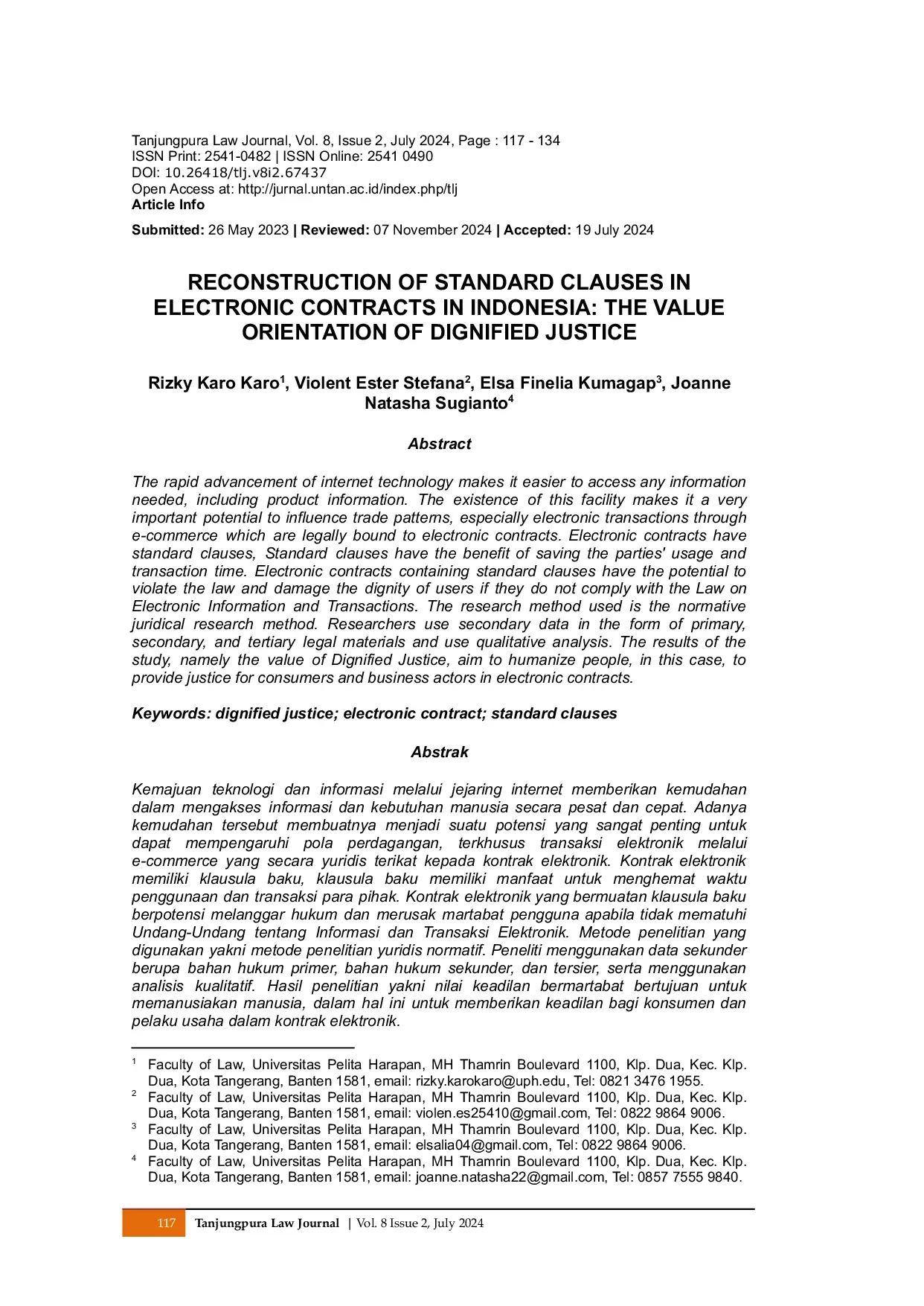 JURIS Reconstruction Of Standard Clauses In Electronic Contracts In Indonesia The Value Orientation Of Dignified Justice