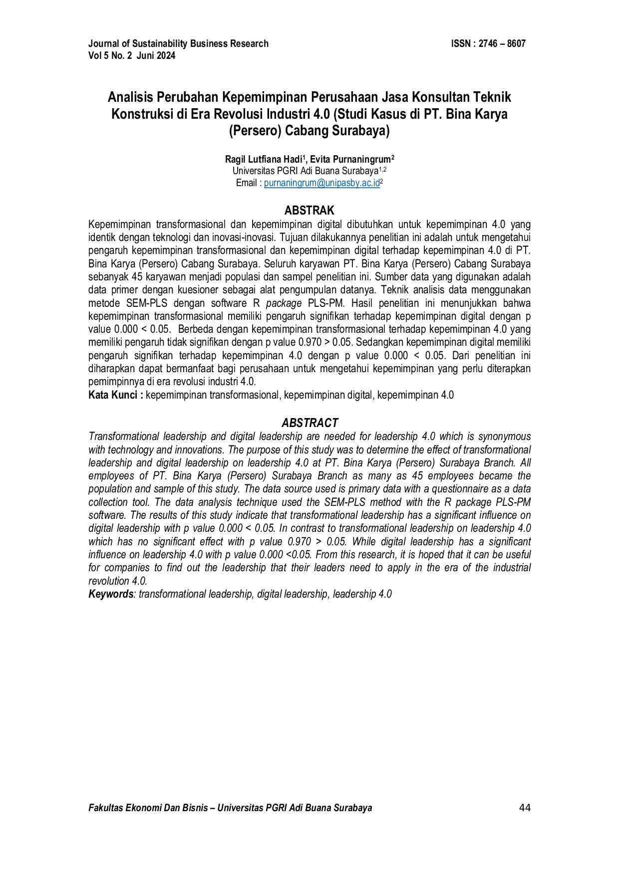 JURIS Analisis Perubahan Kepemimpinan Perusahaan Jasa Konsultan Teknik Konstruksi di Era Revolusi Industri 4 0 Studi Kasus di PT Bina Karya Persero Cabang Surabaya