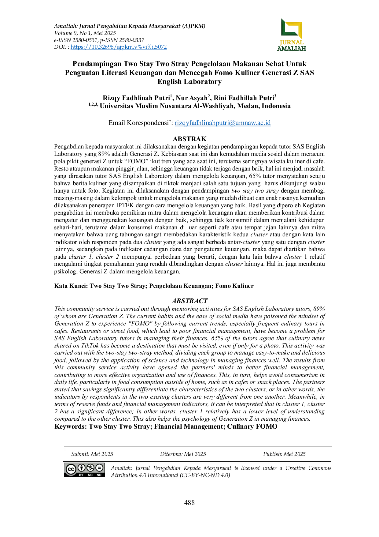 JURIS Pendampingan Two Stay Two Stray Pengelolaan Makanan Sehat Untuk Penguatan Literasi Keuangan dan Mencegah Fomo Kuliner Generasi Z SAS English Laboratory