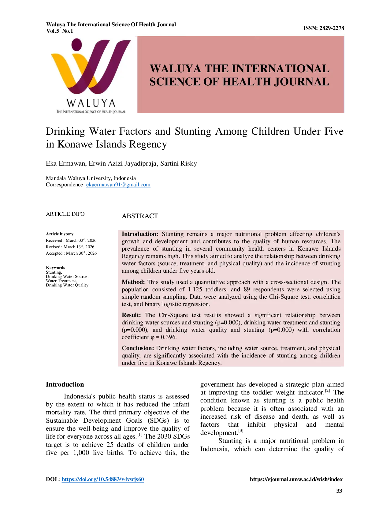 JURIS Drinking Water Factors and Stunting Among Children Under Five in Konawe Islands Regency