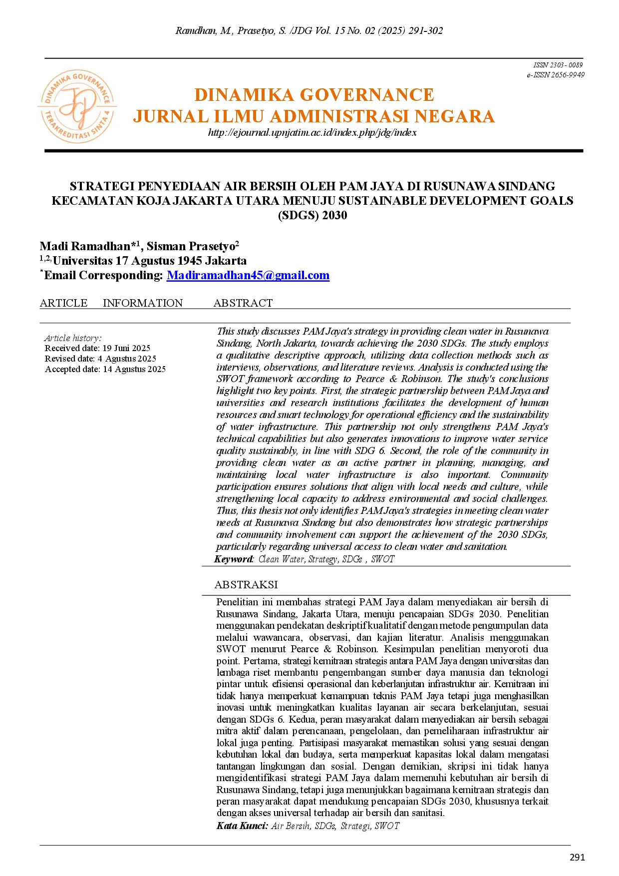 juris Strategi Penyediaan Air Bersih Oleh PAM Jaya Di Rusunawa Sindang Kecamatan Koja Jakarta Utara Menuju Sustainable Development Goals SDGS 2030