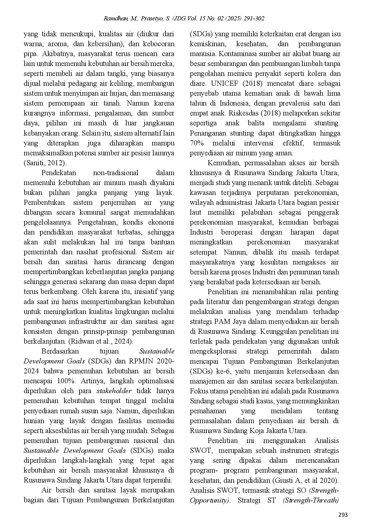 juris Strategi Penyediaan Air Bersih Oleh PAM Jaya Di Rusunawa Sindang Kecamatan Koja Jakarta Utara Menuju Sustainable Development Goals SDGS 2030