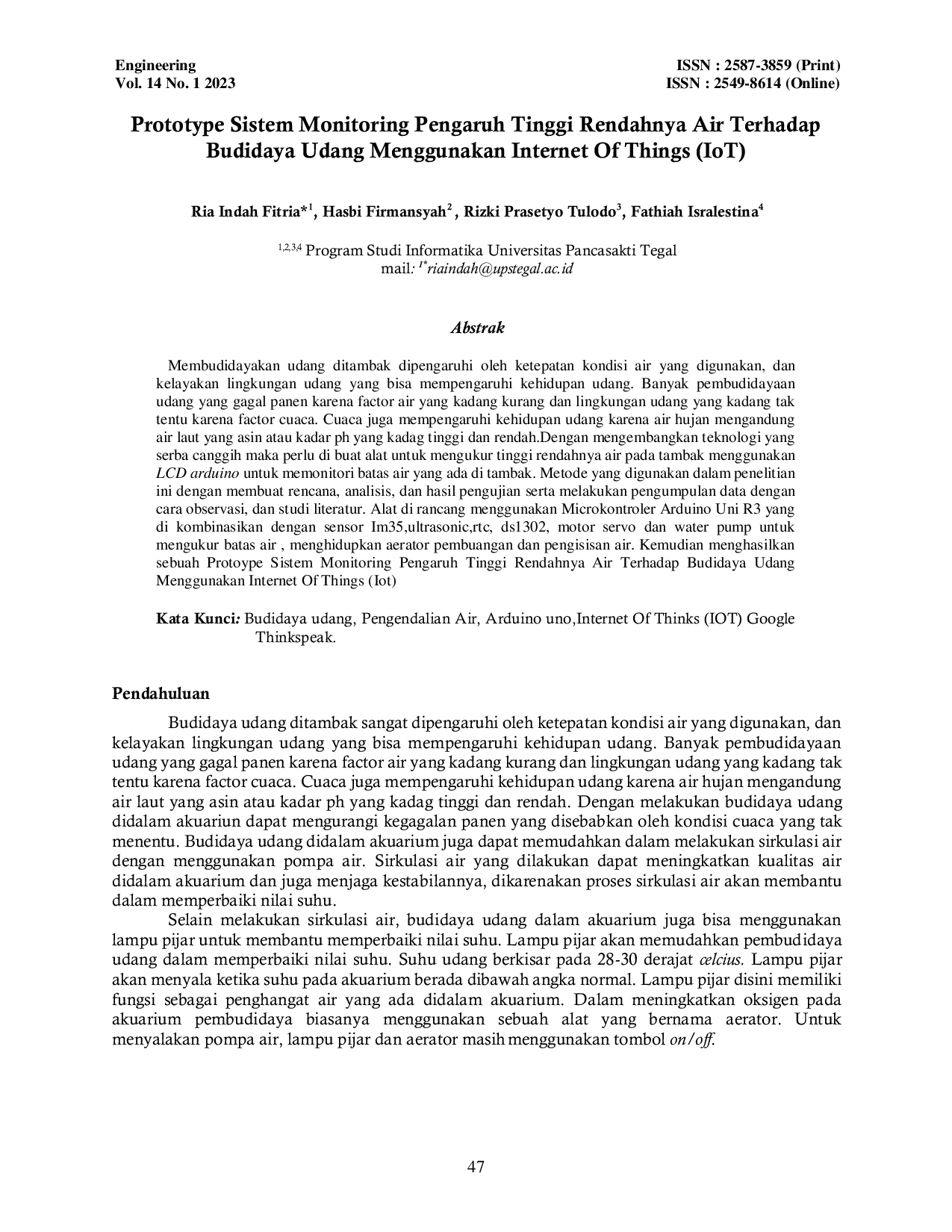 JURIS Prototype Sistem Monitoring Pengaruh Tinggi Rendahnya Air Terhadap Budidaya Udang Menggunakan Internet Of Things IoT