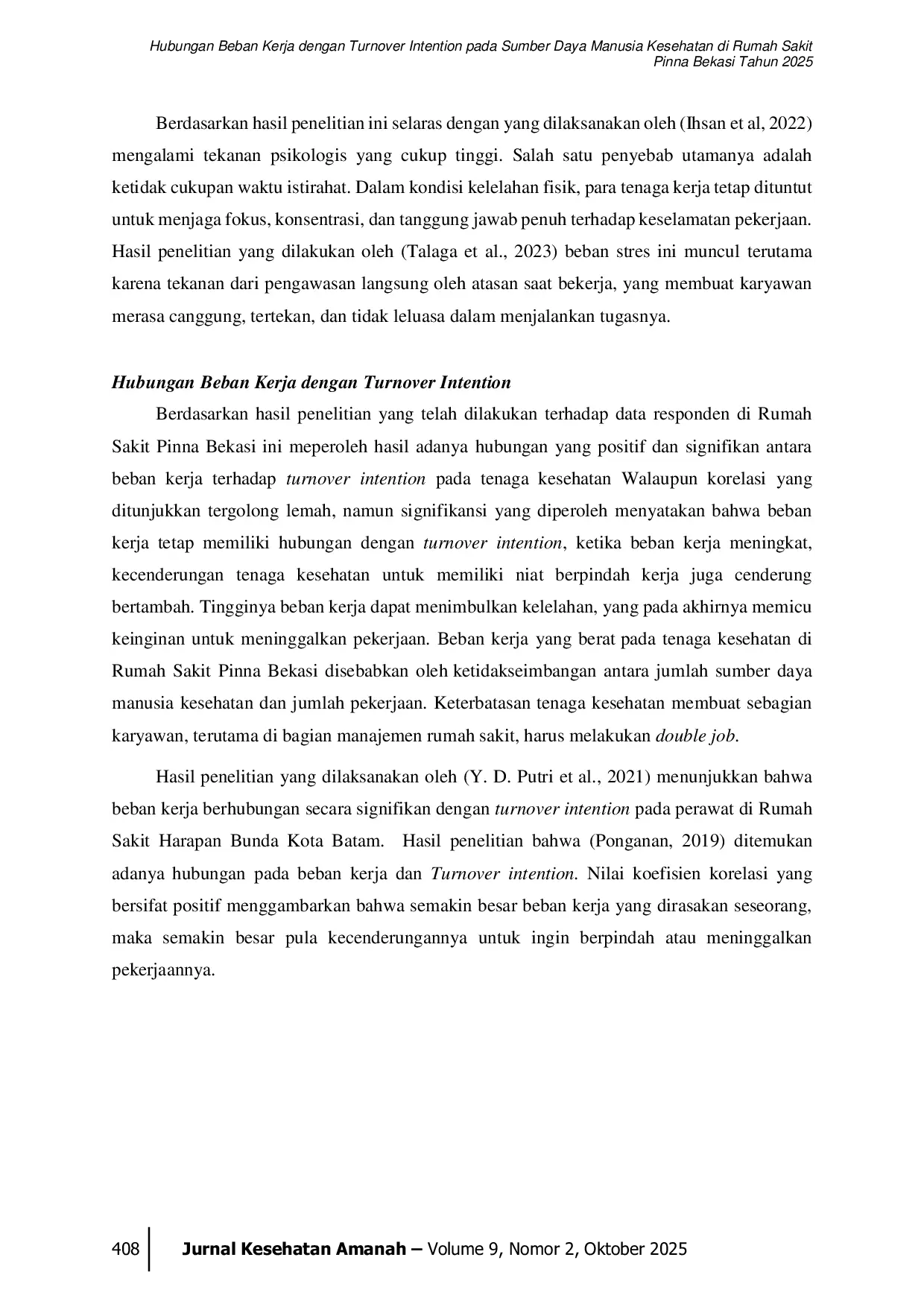JURIS Hubungan Beban Kerja dengan Turnover Intention pada Sumber Daya Manusia Kesehatan di Rumah Sakit Pinna Bekasi Tahun 2025