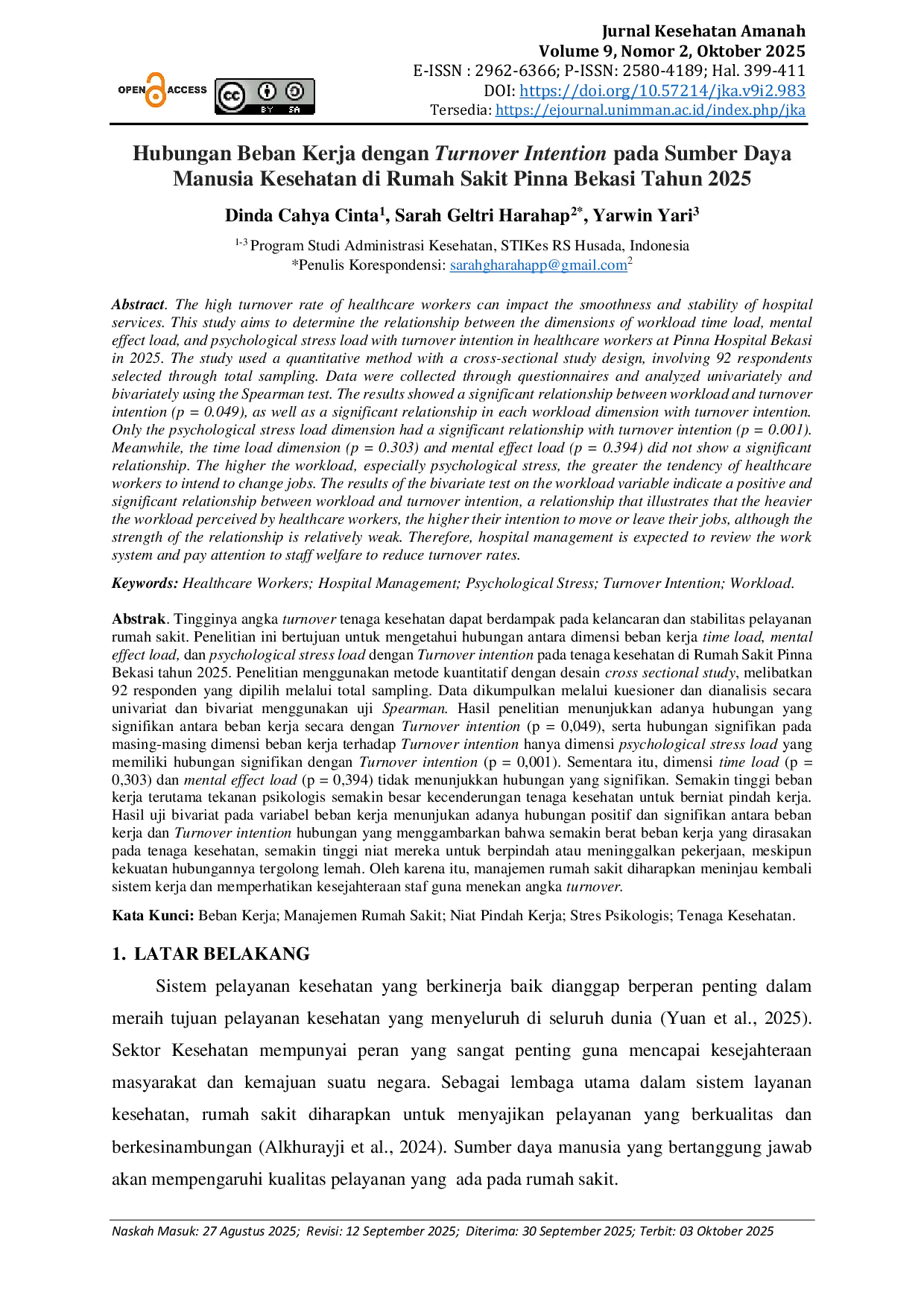 JURIS Hubungan Beban Kerja dengan Turnover Intention pada Sumber Daya Manusia Kesehatan di Rumah Sakit Pinna Bekasi Tahun 2025