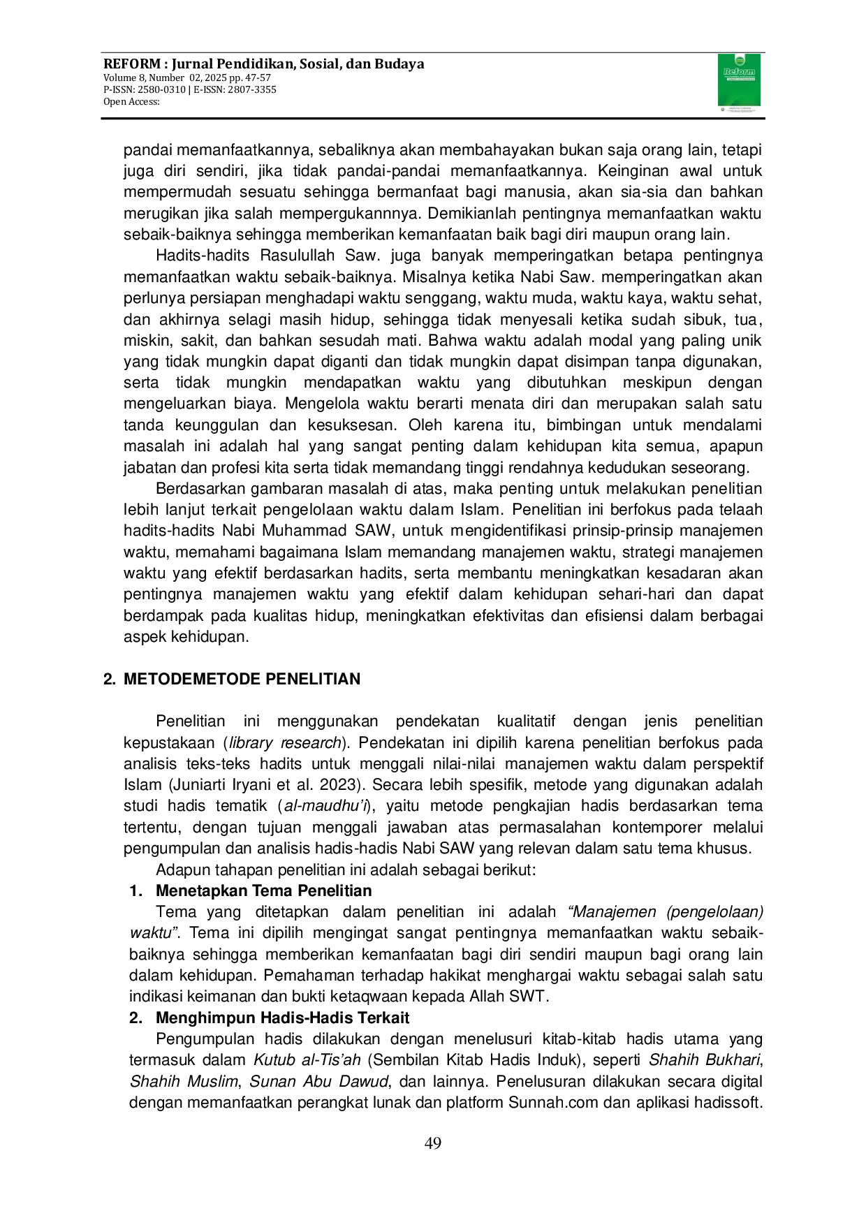 JURIS Manajemen Waktu Dalam Perspektif Islam Telaah Hadits Nabi Muhammad SAW