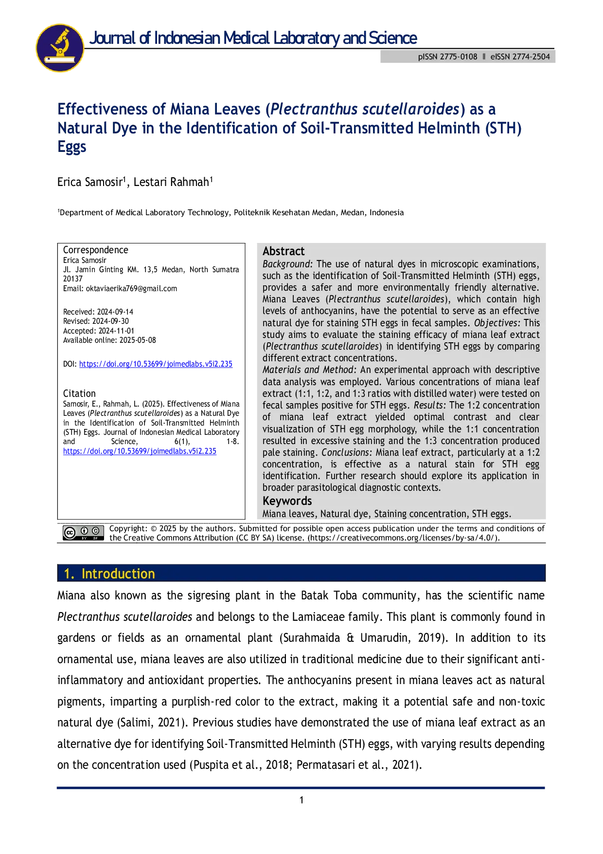 JURIS Effectiveness of Miana Leaves Plectranthus Scutellaroides as a Natural Dye in the Identification of Soil Transmitted Helminth STH Eggs