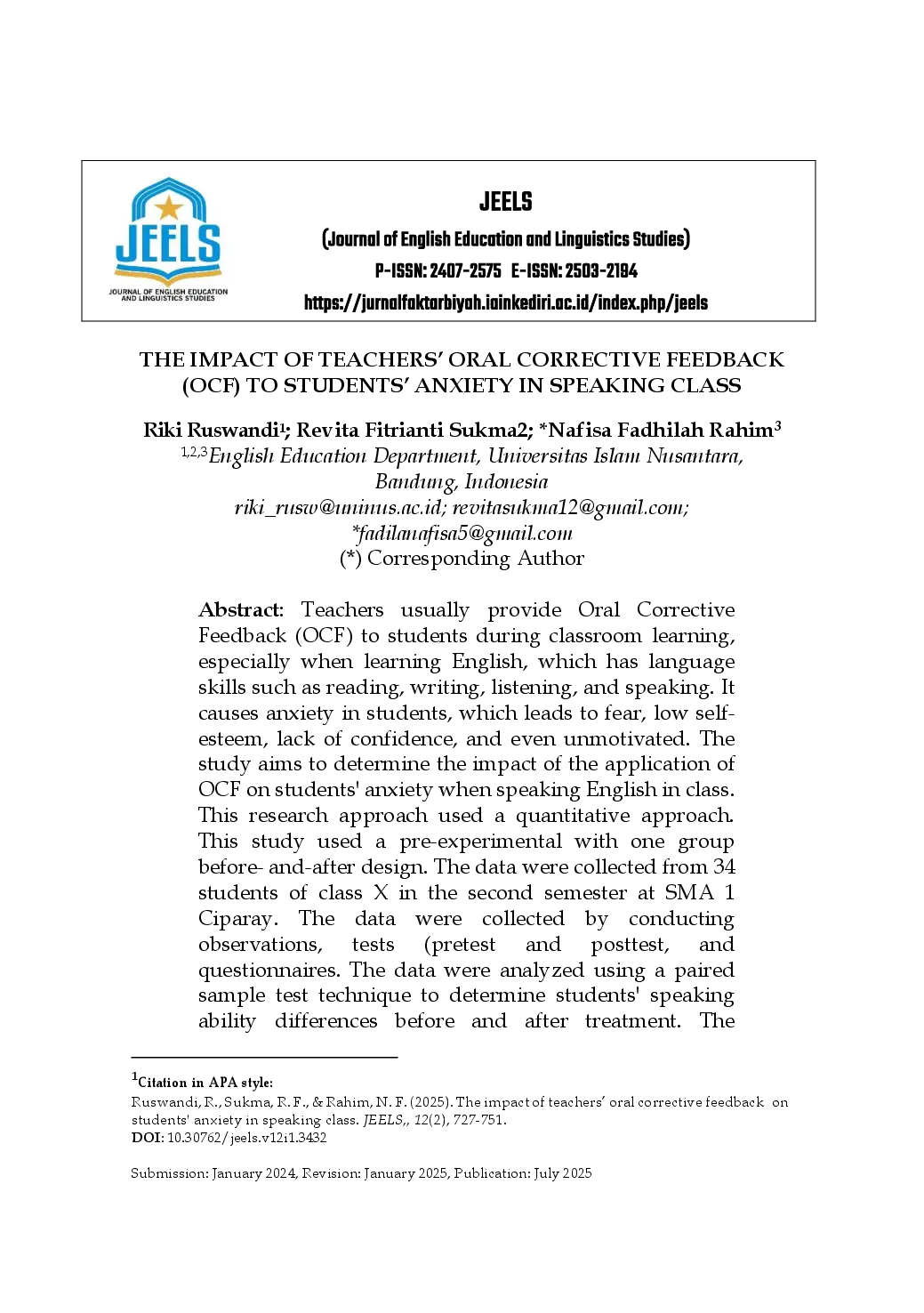 juris The Impact of Teachers Oral Corrective Feedback OCF to Students Anxiety in Speaking Class