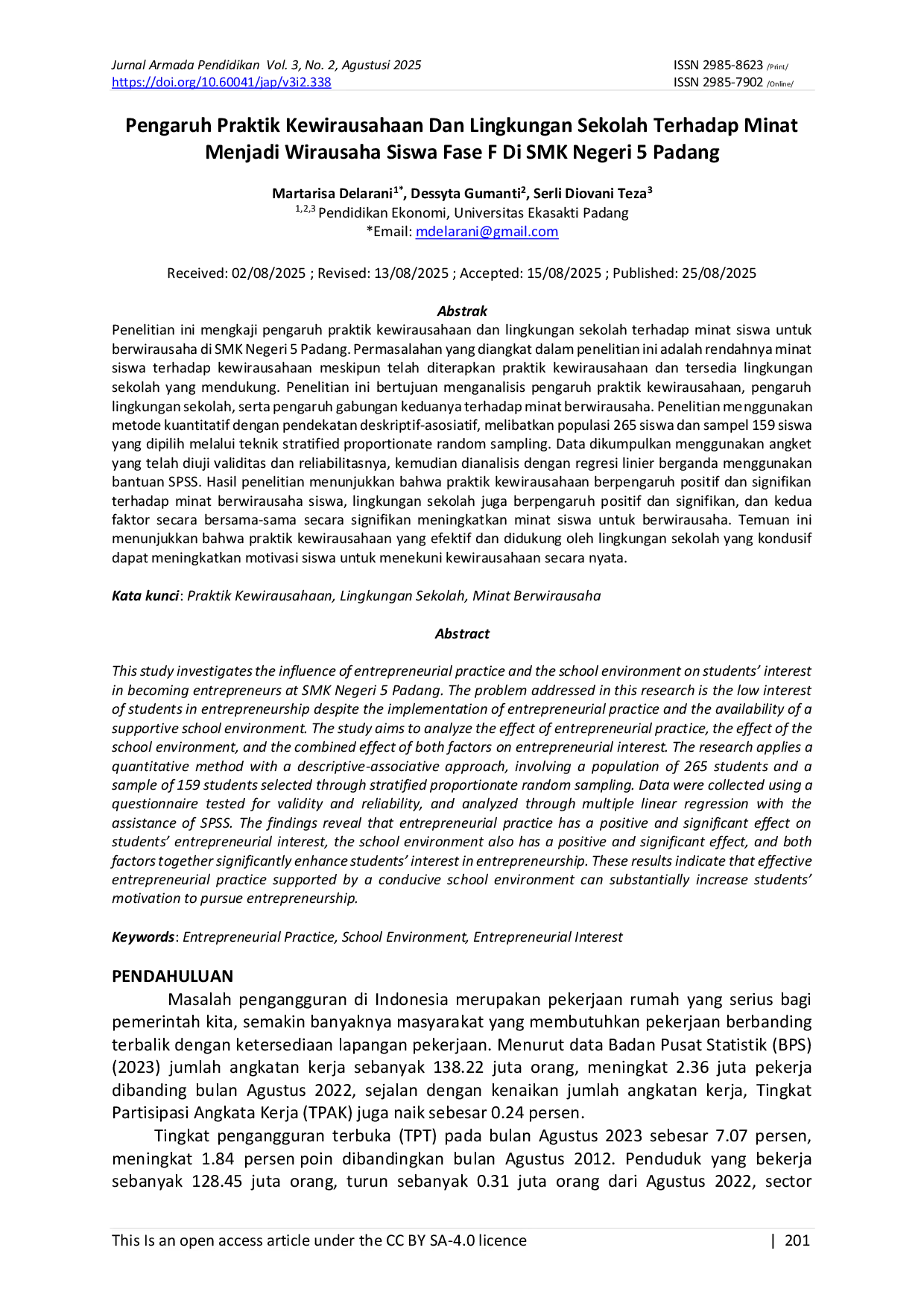 JURIS Pengaruh Praktik Kewirausahaan Dan Lingkungan Sekolah Terhadap Minat Menjadi Wirausaha Siswa Fase F Di SMK Negeri 5 Padang