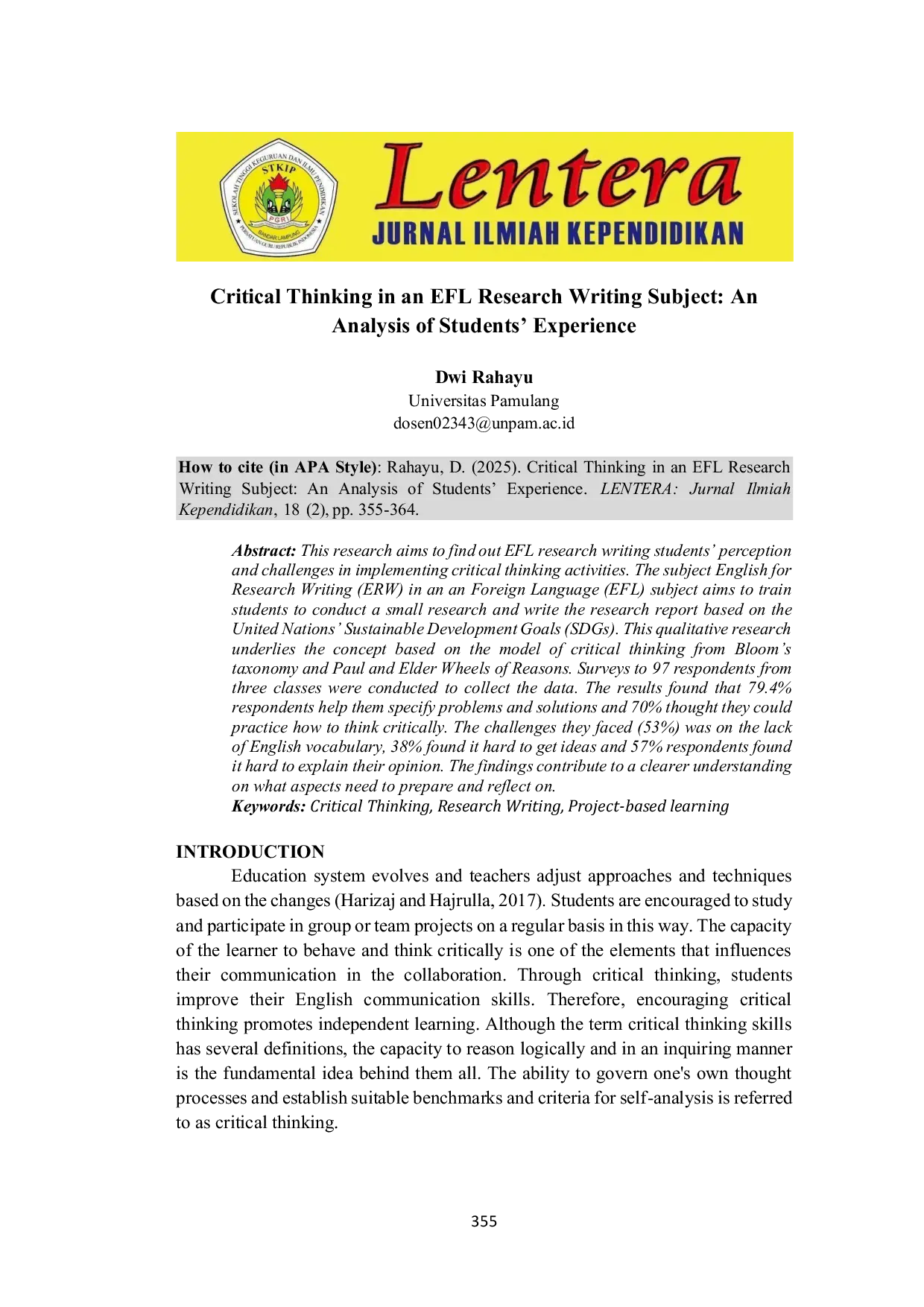 JURIS Critical Thinking in an EFL Research Writing Subject An Analysis of Students Experience