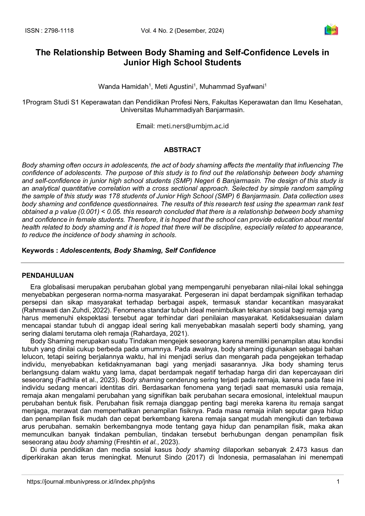 JURIS The Relationship Between Body Shaming and Self Confidence Levels in Junior High School Students