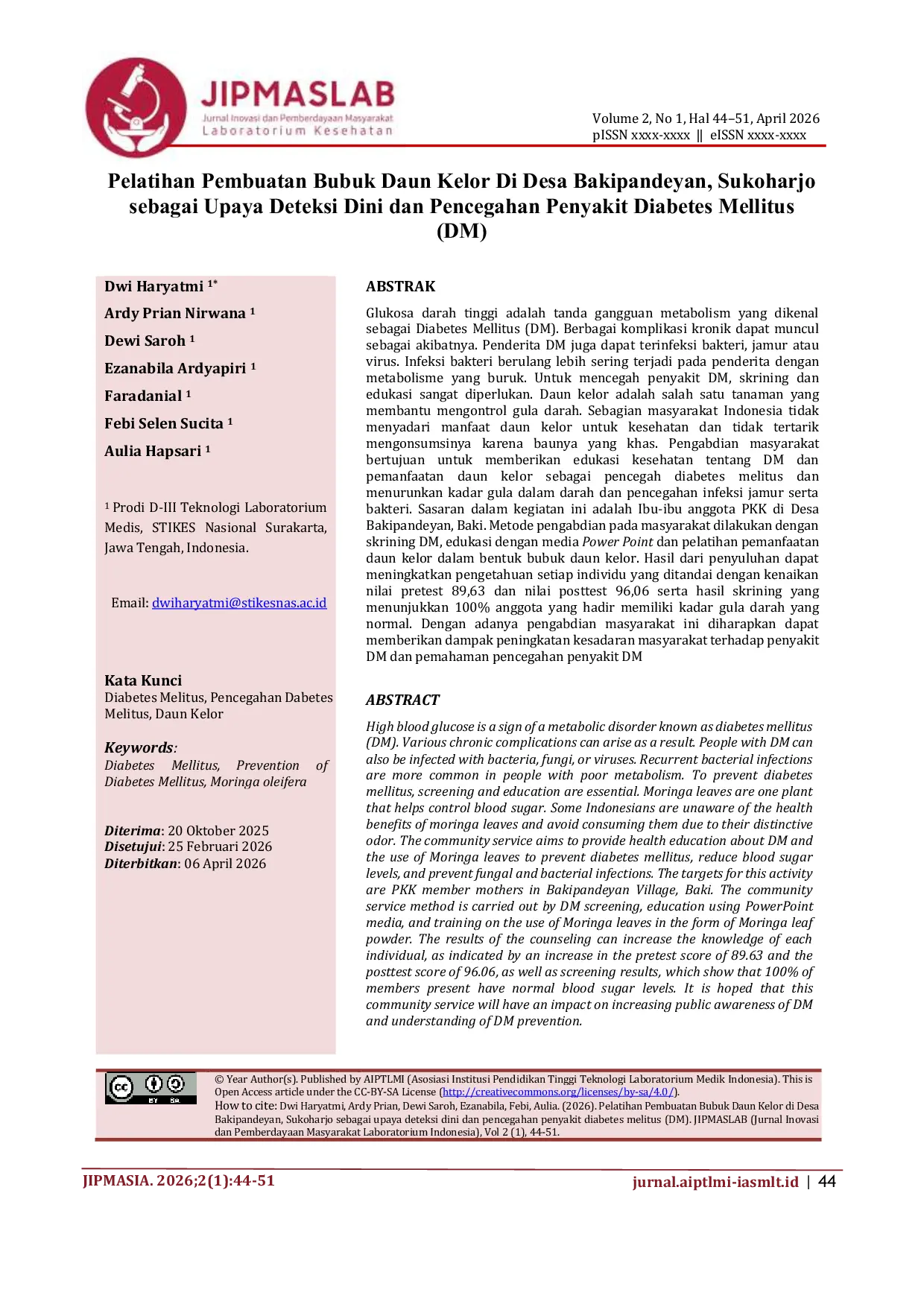 JURIS Pelatihan Pembuatan Bubuk Daun Kelor Di Desa Bakipandeyan Sukoharjo sebagai Upaya Deteksi Dini dan Pencegahan Penyakit Diabetes Mellitus DM