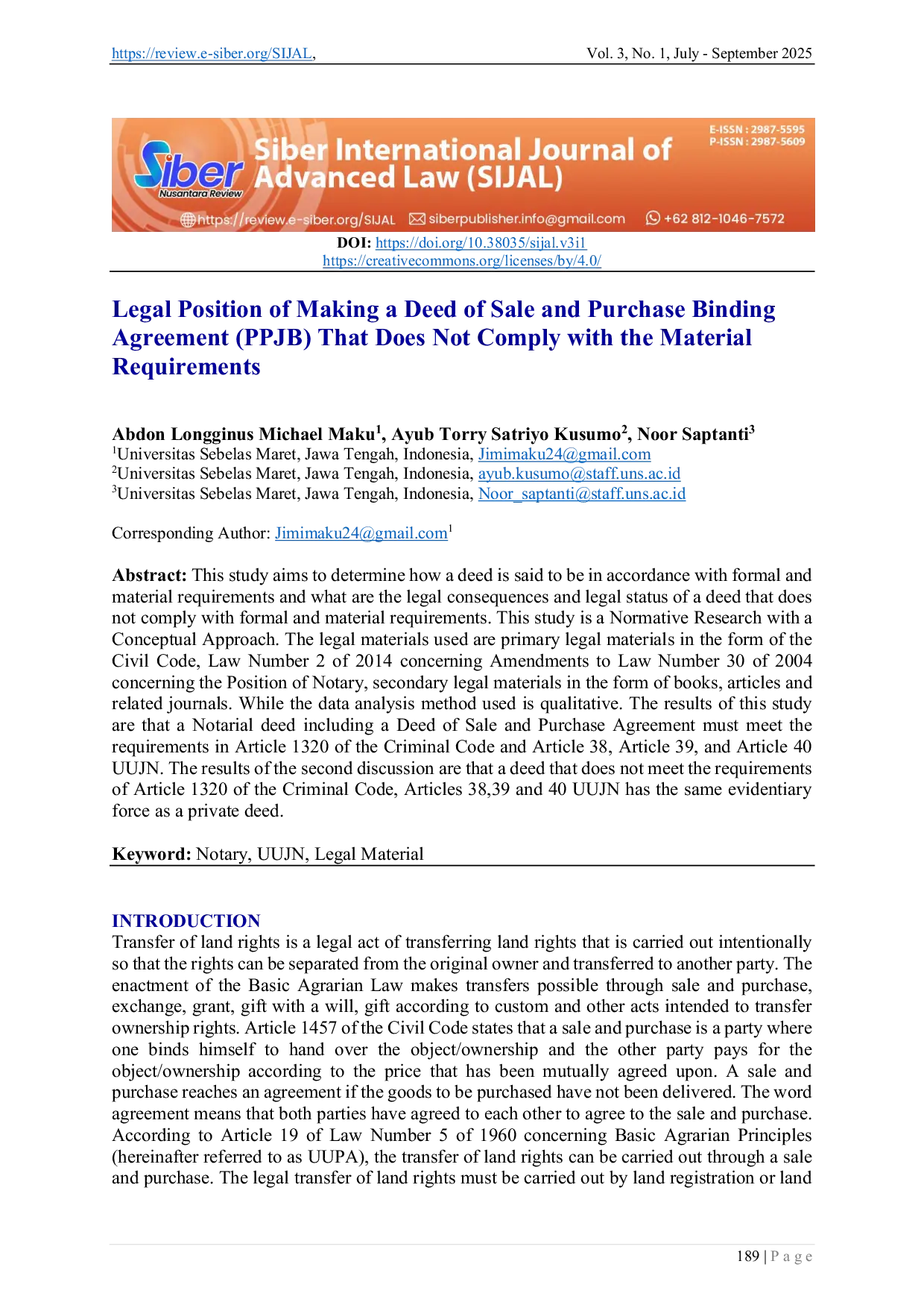 JURIS Legal Position of Making a Deed of Sale and Purchase Binding Agreement PPJB That Does Not Comply with the Material Requirements