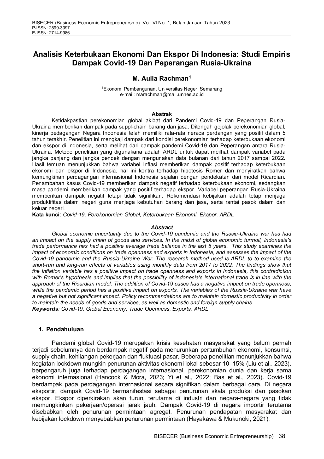 JURIS Analisis Keterbukaan Ekonomi Dan Ekspor Di Indonesia Studi Empiris Pada Dampak Covid 19 Dan Peperangan Rusia Ukraina